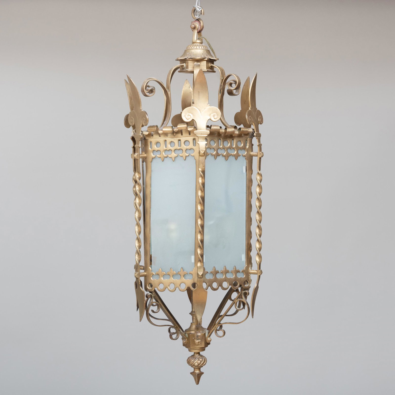 Neo-Gothic Brass Hexagonal Lantern: Neo-Gothic Brass Hexagonal Lantern Fitted with frosted glass panels. 37 x 13 1/2 x 13 1/2 in. John Richardson: A Scholar Collects