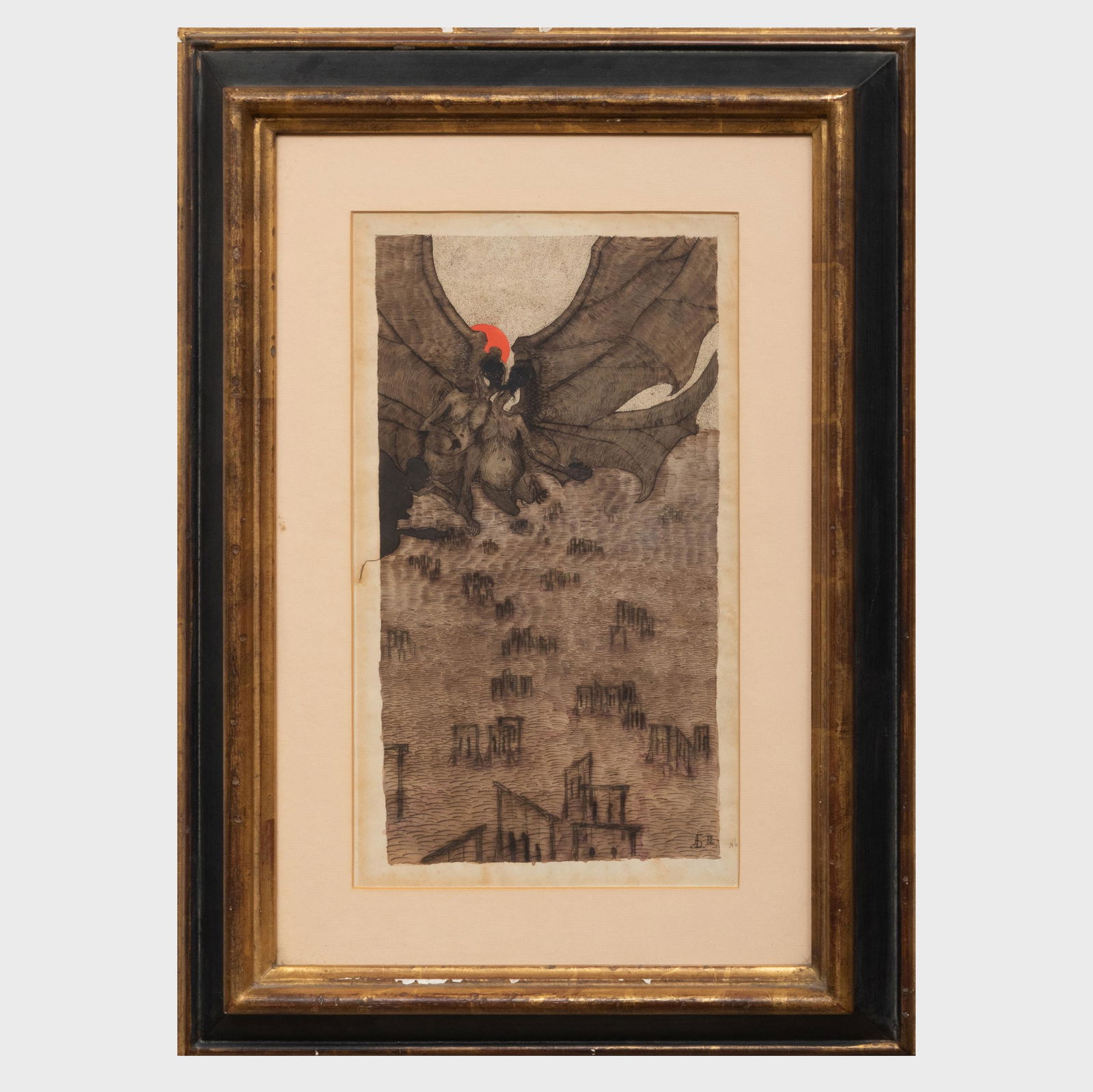 Attributed to Alexander Bogomazov (1880-1930): Untitled: Attributed to Alexander Bogomazov (1880-1930): Untitled Ink on paper, signed with a monogram lower right, with label from Shepherd Gallery, NY. 11 1/2 x 8 3/4 in. (sheet), 21 x 15 in. (frame). John Ri