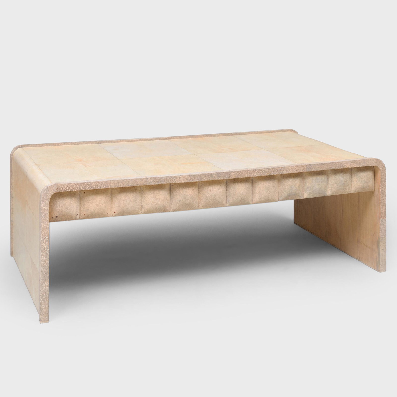 R&Y Augousti Parchment and Shagreen Low Table: R&Y Augousti Parchment and Shagreen Low Table With a label R&Y Augousti, Paris. Fitted with three drawers on each side. 18 x 4 ft. 7 in. x 27 3/4 in. Purchased directly from the artist. Selected Prope