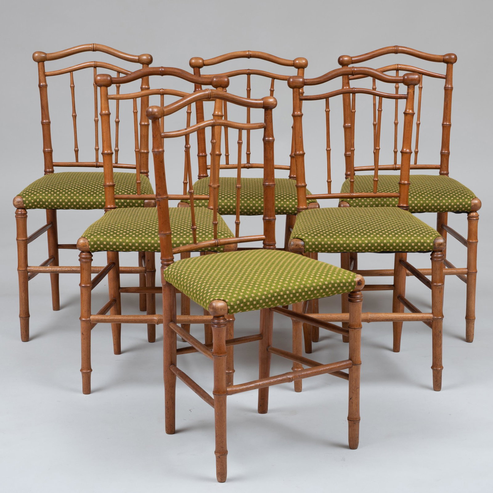 Set of Six Regency Style Faux Bamboo Fruitwood Side: Set of Six Regency Style Faux Bamboo Fruitwood Side Chairs 33 3/4 x 17 x 14 1/2 in. Height of seat: 18 1/2 in. Provenance: Philip Pfeifer Antiques. Selected Property from the Collection of Mr. and Mrs