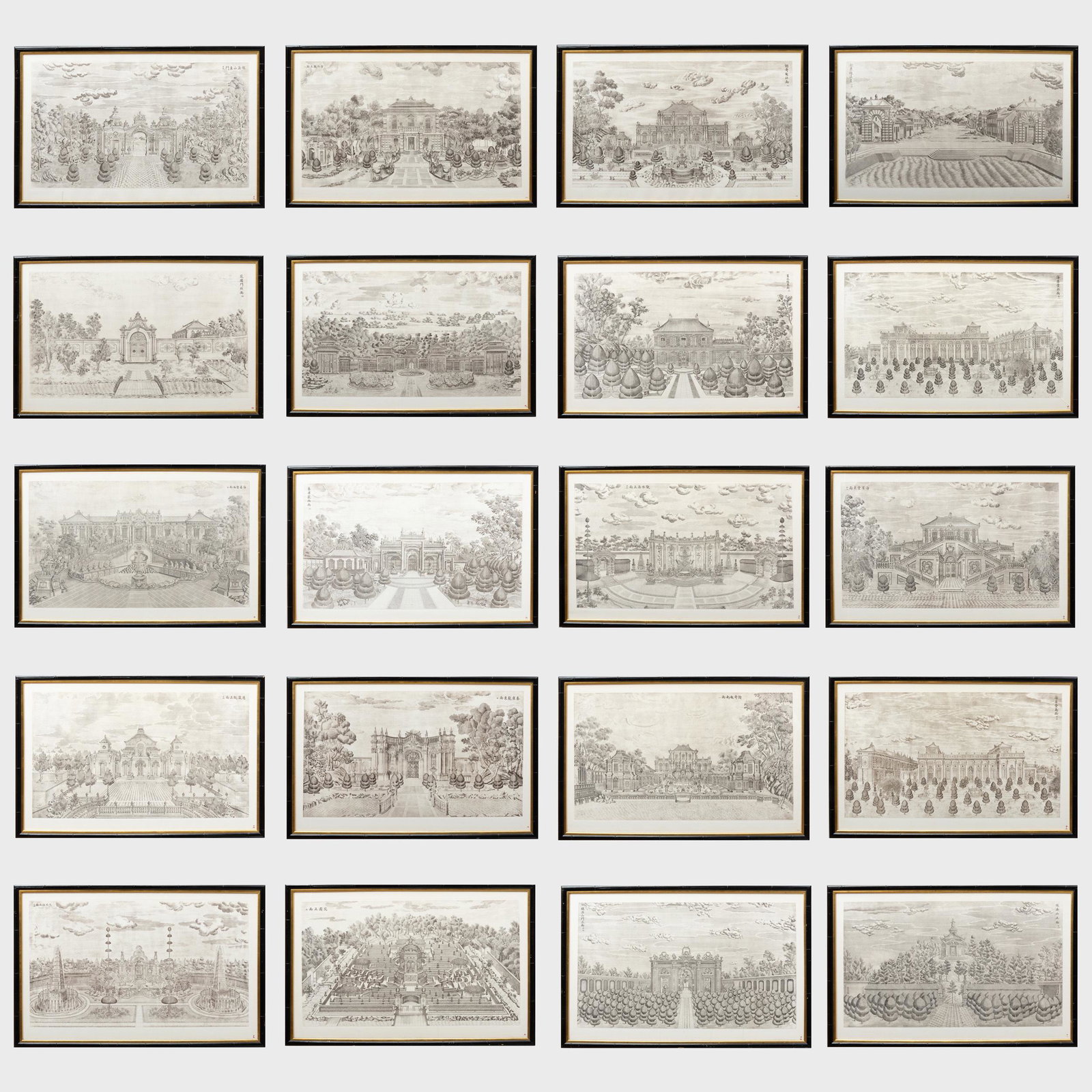 Chinese School: Palais Pavillons et Jardins Construits: Chinese School: Palais Pavillons et Jardins Construits Par Giuseppe Castiglione The portfolio of twenty engravings in black on wove paper, 1977, titled, text and blue linen-covered portfolio box. All 