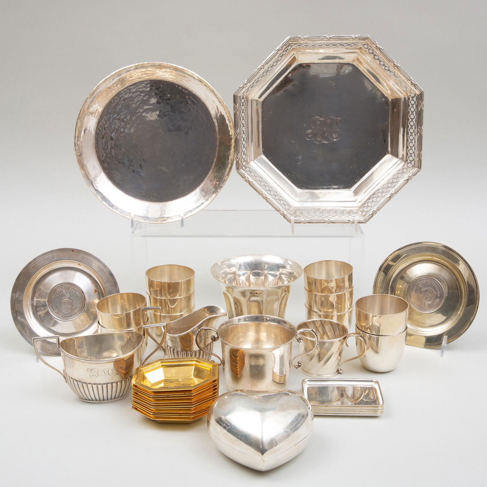 Group of Silver and Silver Plate Table Articles: Group of Silver and Silver Plate Table Articles The silver comprising: A Walker & Hall beaker, marked An American dish with reticulated rim, marked 'Sterling' A Mappin & Webb cream jug and sugar bowl,