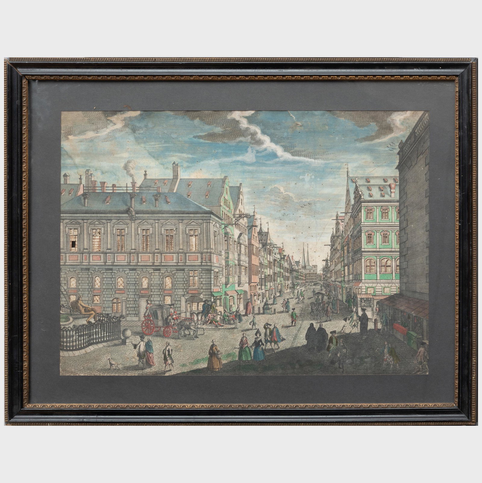 European Colored Engraving Shadow Box of a City Scene: European Colored Engraving Shadow Box of a City Scene Electrified. 10 1/2 x 15 in. (sight), 15 x 19 in. (frame). Selected Property from the Collection of Mr. and Mrs. Gutfreund