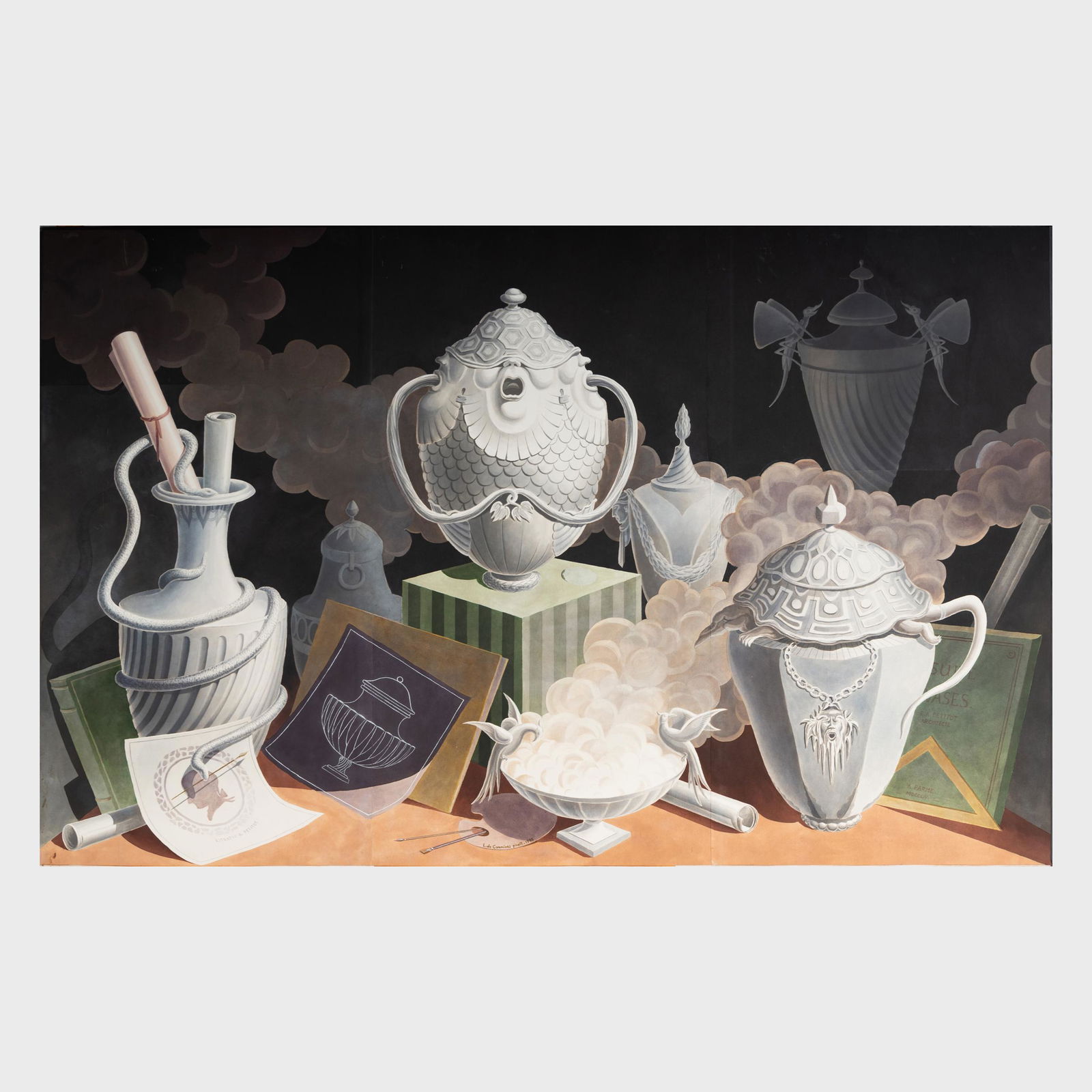 20th Century School: Trompe L'Oeil Still Life: 20th Century School: Trompe L'Oeil Still Life Gouache, watercolor and collage on board, 1995, inscribed 'L. de Commines pinxt' and dated lower center. 38 x 60 in., unframed. Selected Property from the