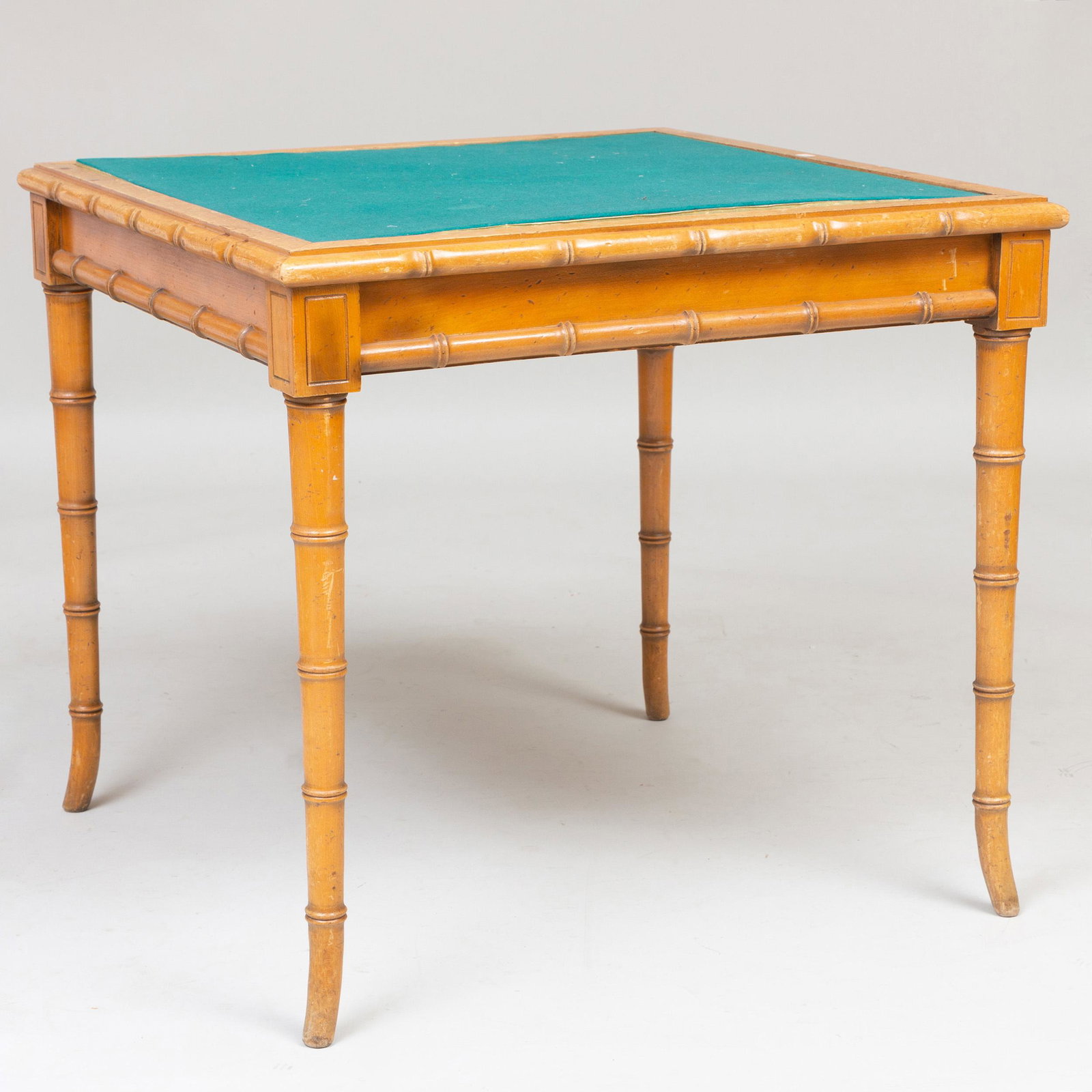 Faux Bamboo and Baise Games Table: Faux Bamboo and Baise Games Table 29 3/4 x 33 x 33 in. Selected Property from the Collection of Mr. and Mrs. Gutfreund