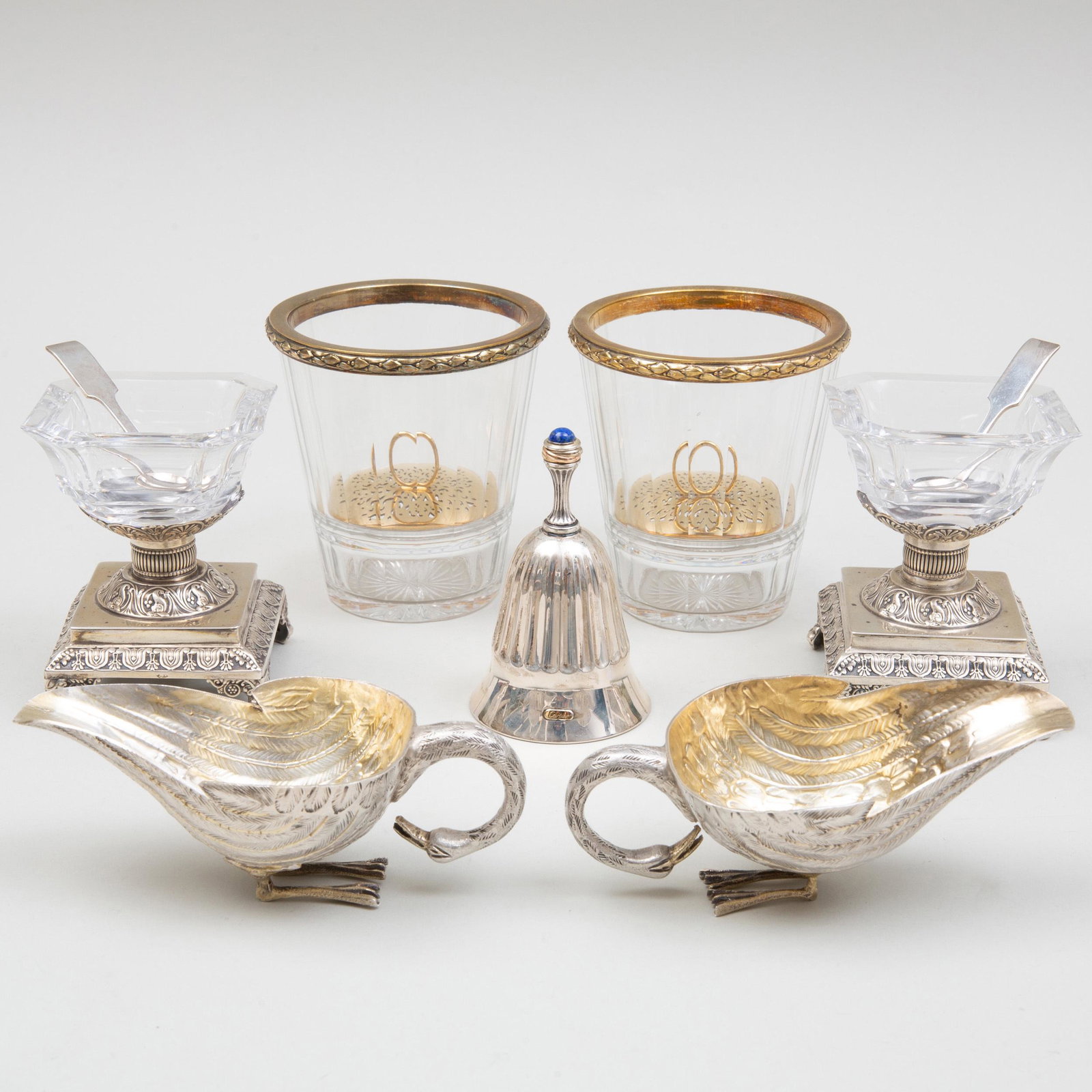 Group of Silver and Silver-Mounted Table Articles: Group of Silver and Silver-Mounted Table Articles Comprising: A pair of French silver-gilt-mounted condiment jars and strainers, marked '.830' A pair of Continental silver-mounted condiment dishes, in