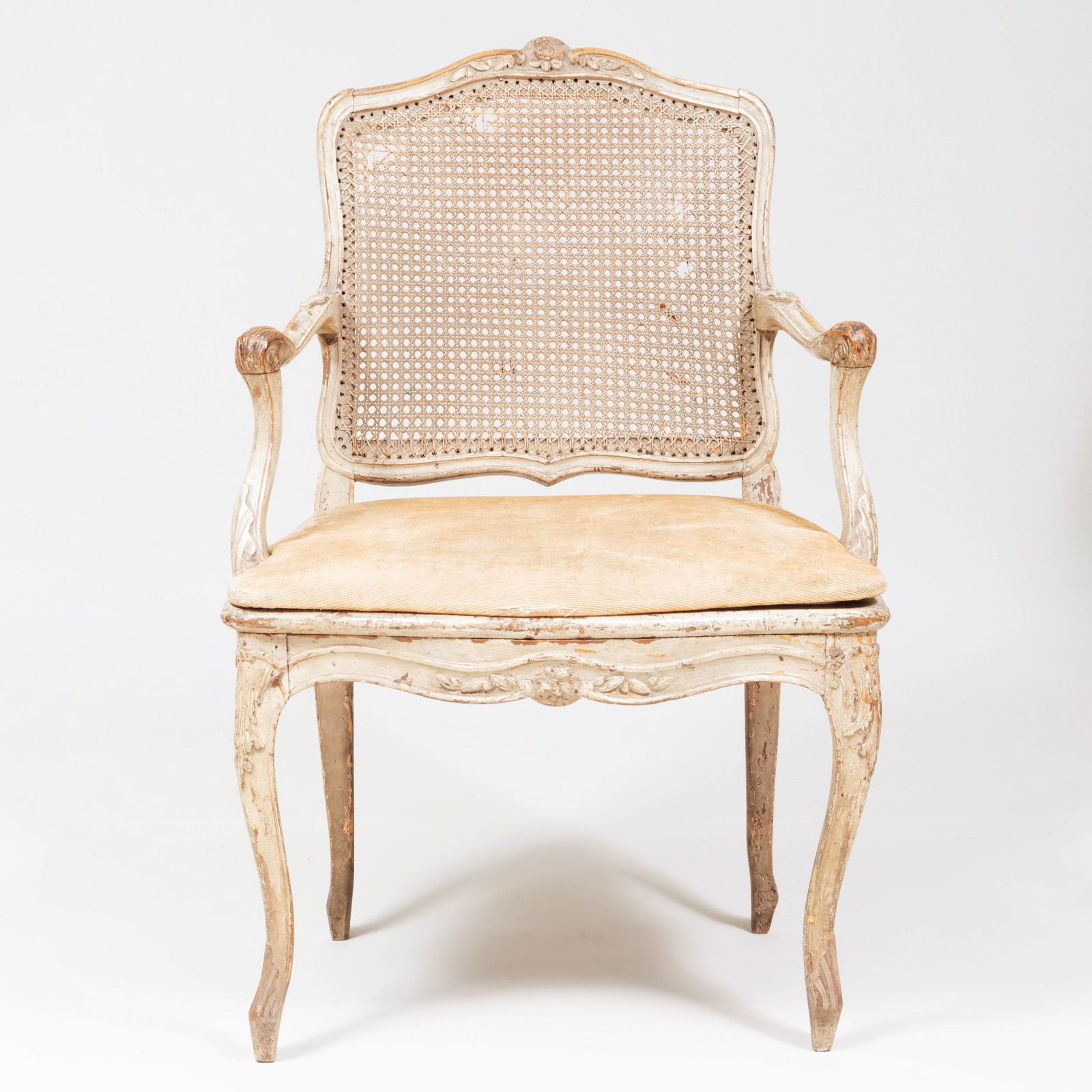 Louis XV Grey Painted Fauteuil à La Reine: Louis XV Grey Painted Fauteuil à La Reine Fitted with a caned backrest, lacking caning on seat. 37 x 24 1/2 x 19 1/2 in. Property from a Distinguished Gentleman, New York City