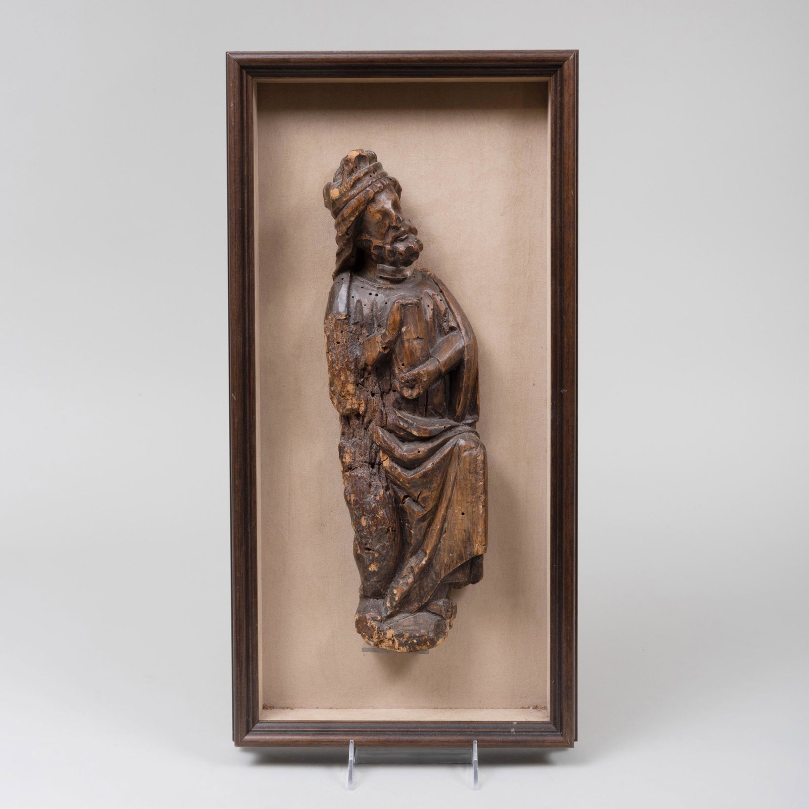 Continental Carved Wood Model of Saint: Continental Carved Wood Model of Saint Fitted in a shadow box. 21 1/4 x 10 5/8 in. (overall).