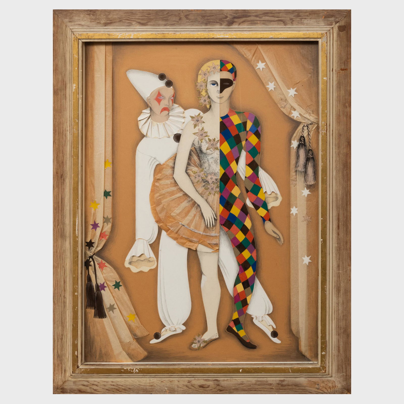 Katherine Bertram: Clown and Jester: Katherine Bertram: Clown and Jester Mixed media paper collage, signed 'Katharine Bertram' lower center. 29 1/2 x 21 1/2 in. (sheet), 36 x 27 1/2 in. (frame).