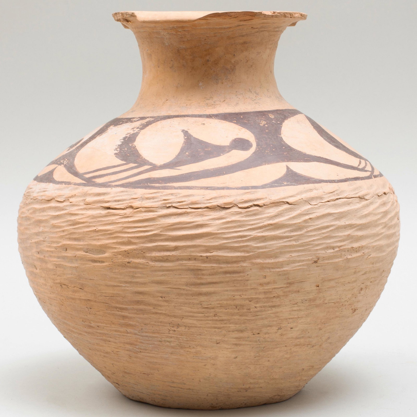 Chinese Neolithic Painted Unglazed Earthenware Vessel: Chinese Neolithic Painted Unglazed Earthenware Vessel With basket weave and flying bird motif. 10 1/2 x 9 in. diam. Property from a Private Collector, Chatham, NY