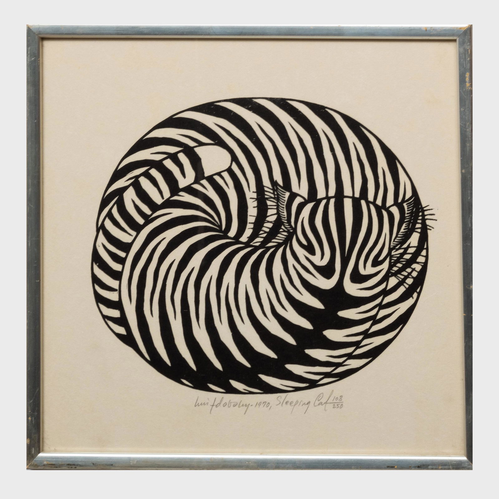 Jacques Hnizdovsky (1915-1985): Sleeping Cat: Jacques Hnizdovsky (1915-1985): Sleeping Cat Woodcut in black on Japan, 1970, signed, titled and dated in pencil, numbered 108/250, with label from Associated American Artists. 12 1/2 x 13 in. (sight)