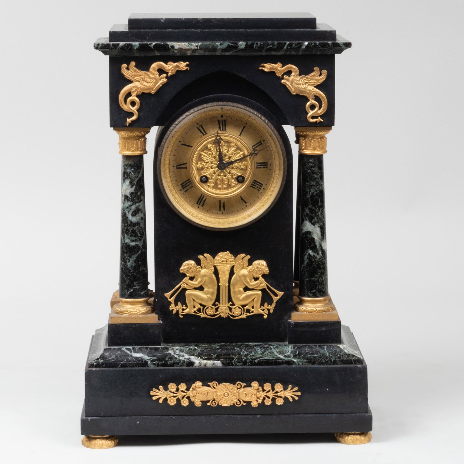 Empire Ormolu-Mounted Marble Mantle Clock: Empire Ormolu-Mounted Marble Mantle Clock 17 1/4 x 10 1/2 x 7 in.