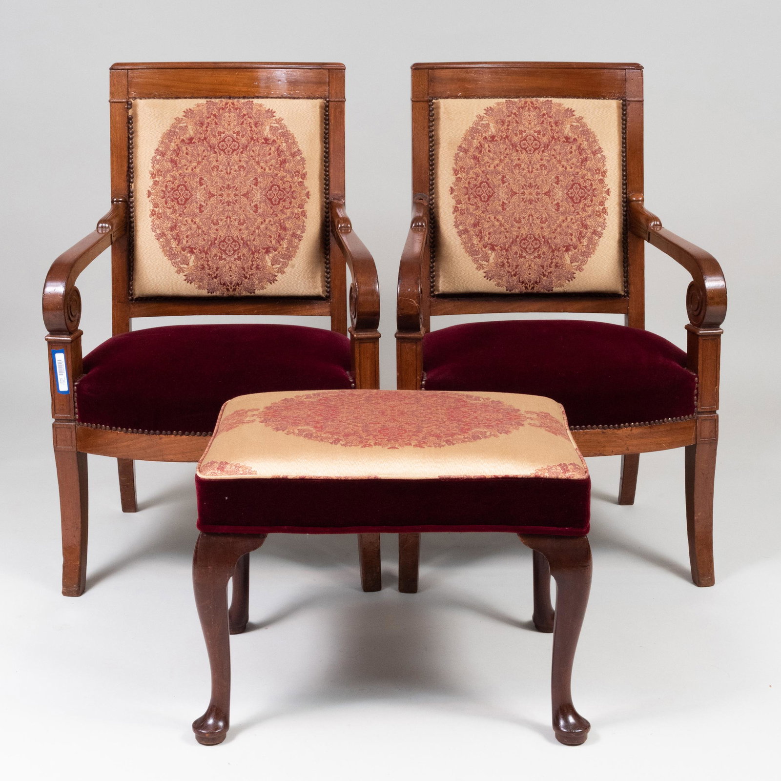 Pair of Neoclassical Style Armchairs and Similarly: Pair of Neoclassical Style Armchairs and Similarly Upholstered Footstool The chairs 38 x 24 x 20 in., the footstool 18 x 23 x 17 1/2 in.