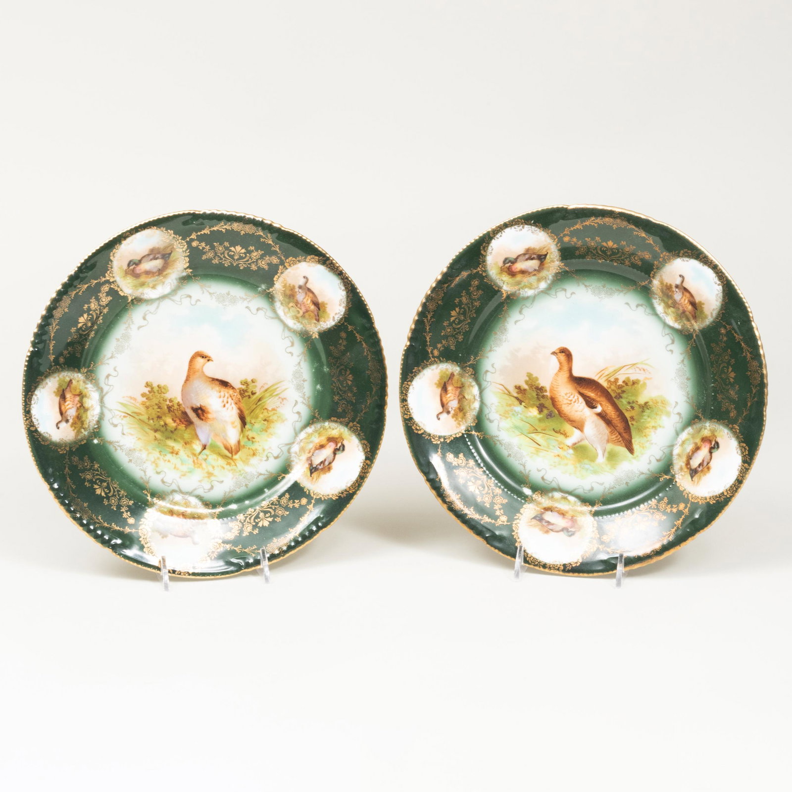 Pair of Bavarian Green Ground Cabinet Plates Decorated: Pair of Bavarian Green Ground Cabinet Plates Decorated with Grouse Green printed mark. 9 1/2 in. diam.