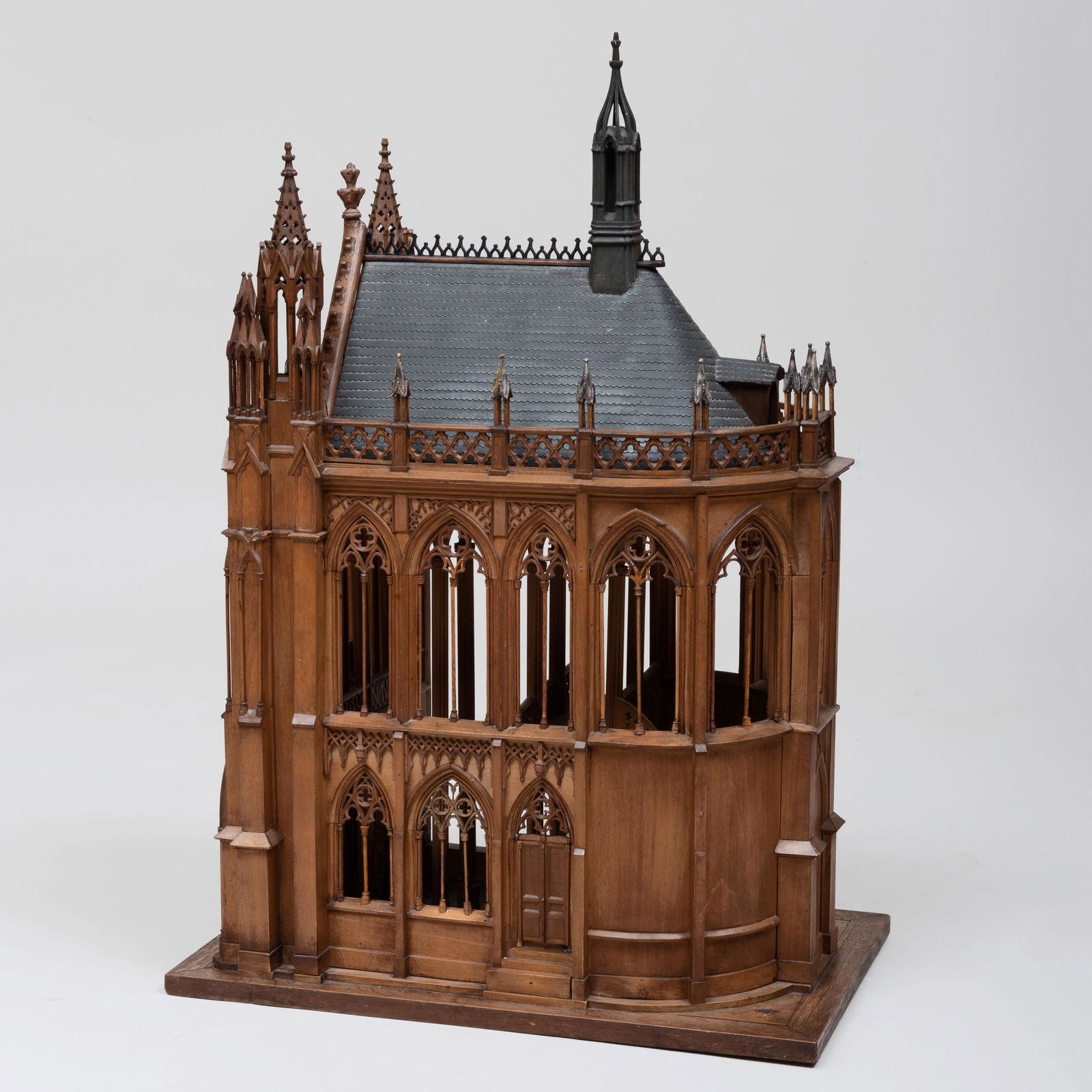 French Neo-Gothic Carved Limewood and Ebonized: French Neo-Gothic Carved Limewood and Ebonized Architectural Model of a Church Fitted with inlaid floors. 31 x 13 5/8 x 21 in. The Collection of Michael G. Moye, Greenwich, CT
