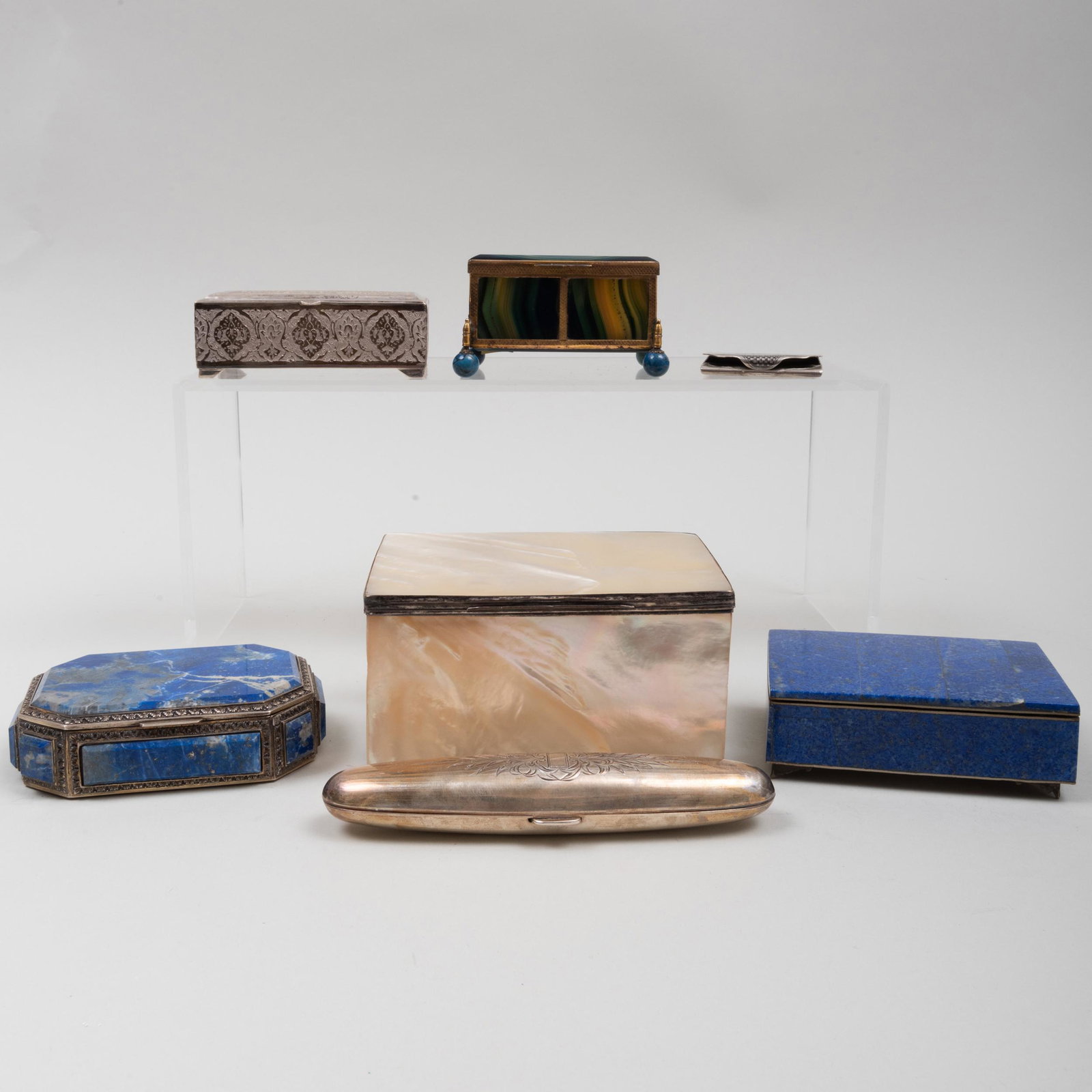Group of Continental Hardstone, Silver and: Group of Continental Hardstone, Silver and Mother-of-Pearl Table Articles Comprising: A lapis box An agate box A Vartan silver box, marked '.84' An oblong silver case, marked '.950' A French silver-gi