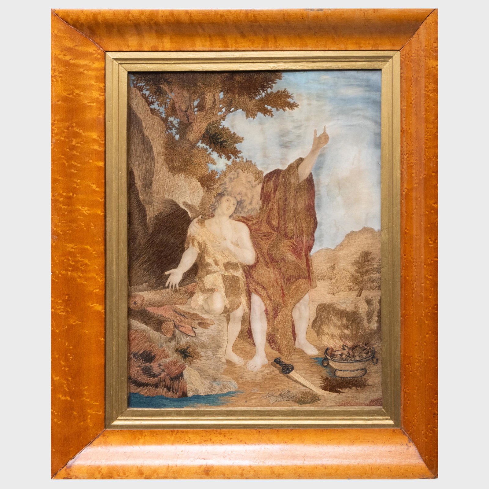 Continental Silk and Wool Embroidery of Abraham and: Continental Silk and Wool Embroidery of Abraham and Isaac, Possibly English 25 1/2 x 21 in. frame. Note: Numerous notes on the back stating that this is a work by an English Quaker circa 1796. M. Fink