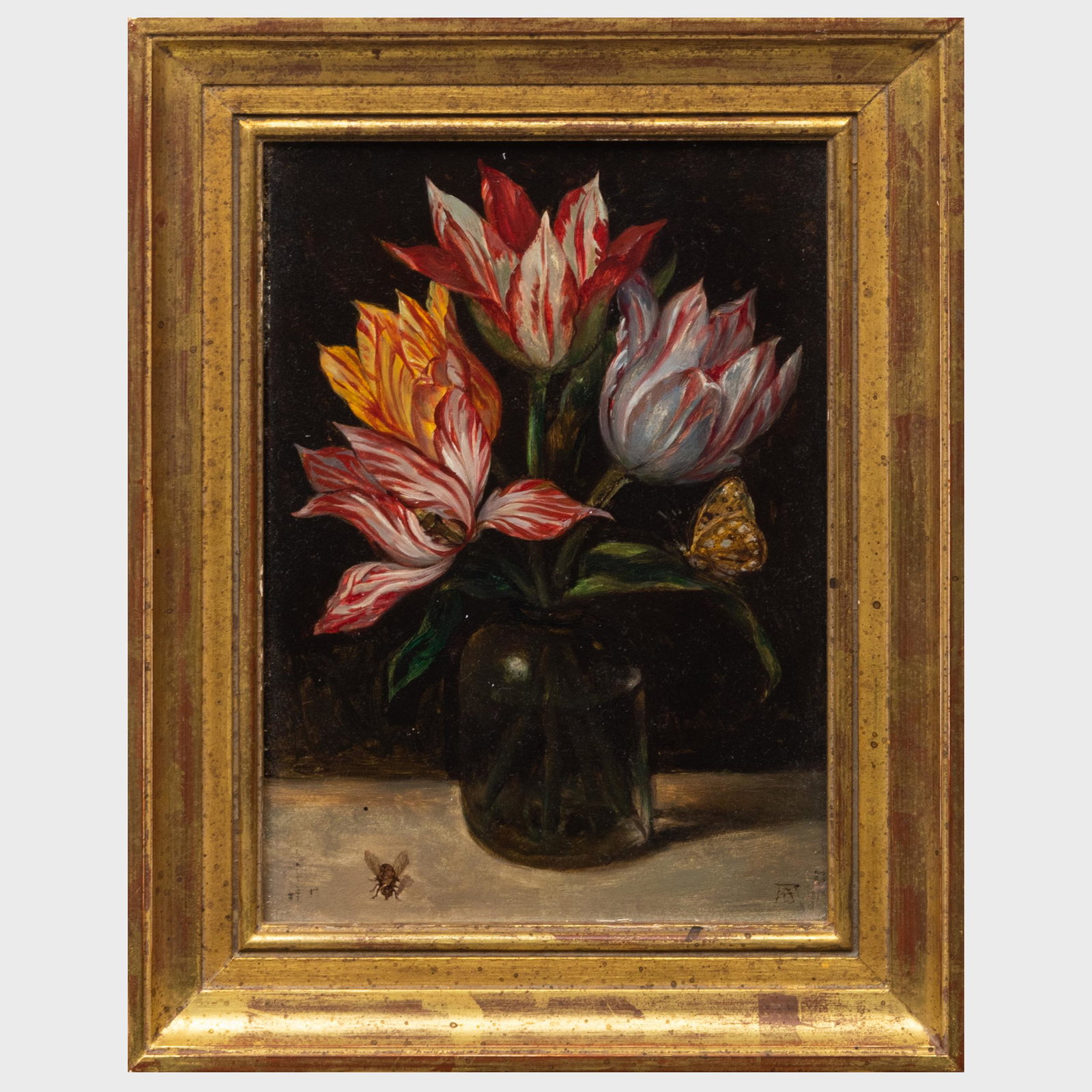 Continental School: Tulips: Continental School: Tulips Oil on board, signed with an indistinct monogram lower right. 7 1/2 x 5 1/2 in., 10 x 7 3/4 in. (frame).