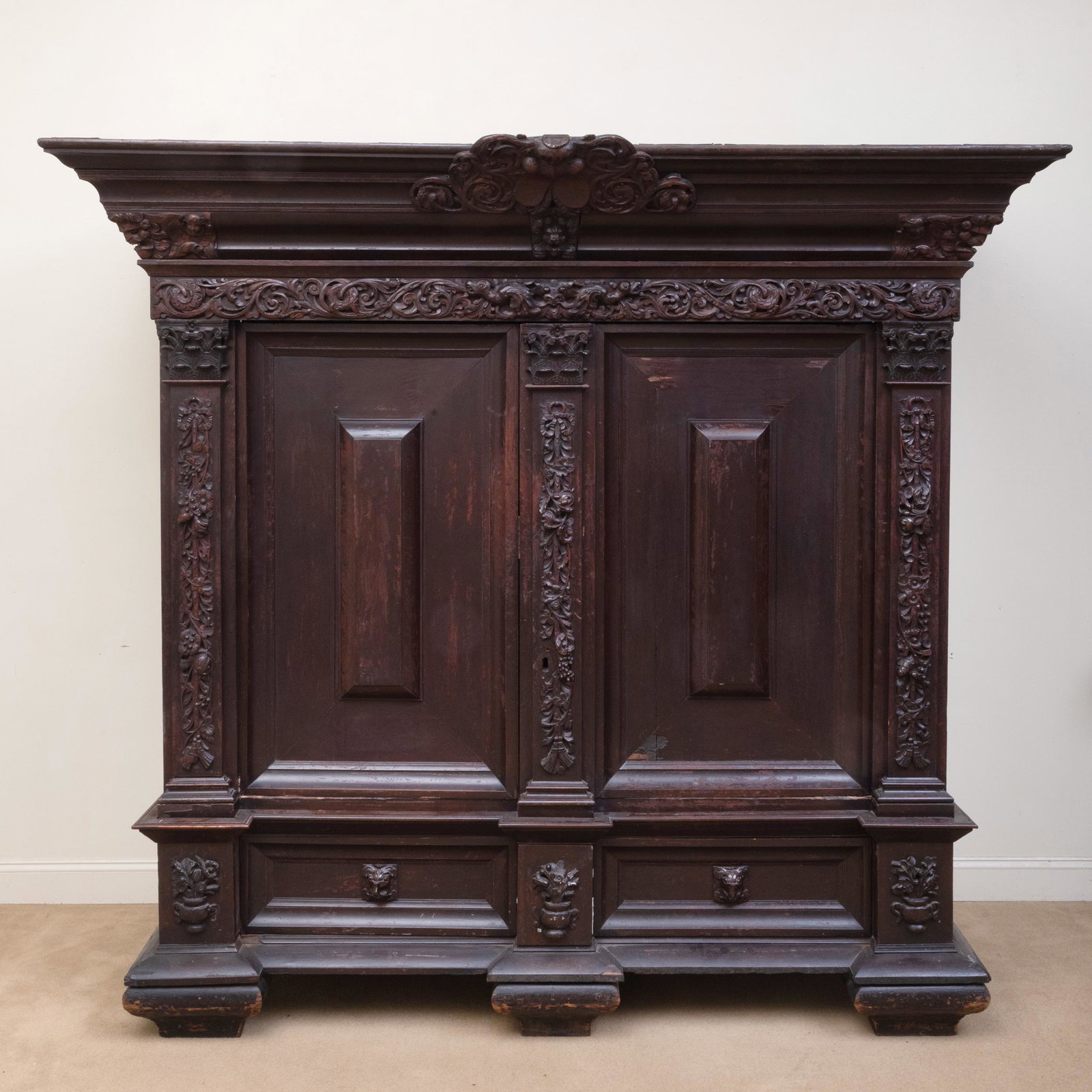 Dutch Baroque Painted and Carved Kass: Dutch Baroque Painted and Carved Kass 7 ft. 2 1/2 in. x 7 ft. 10 1/2 in. x 33 1/2 in. The cupboard doors opening to one shelf.