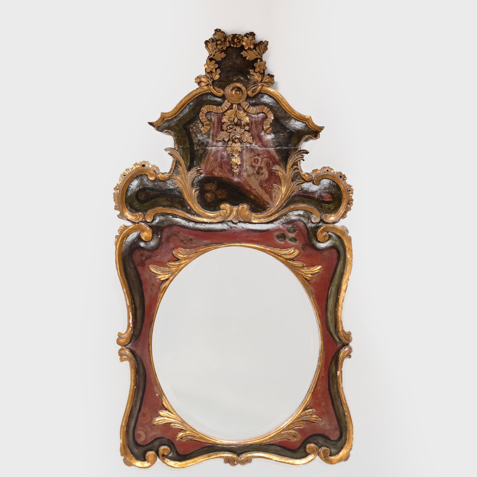 Spanish Baroque Style Painted and Parcel-Gilt Mirror: Spanish Baroque Style Painted and Parcel-Gilt Mirror Fitted with a beveled mirror plate. 5 ft. 4 x 35 in.