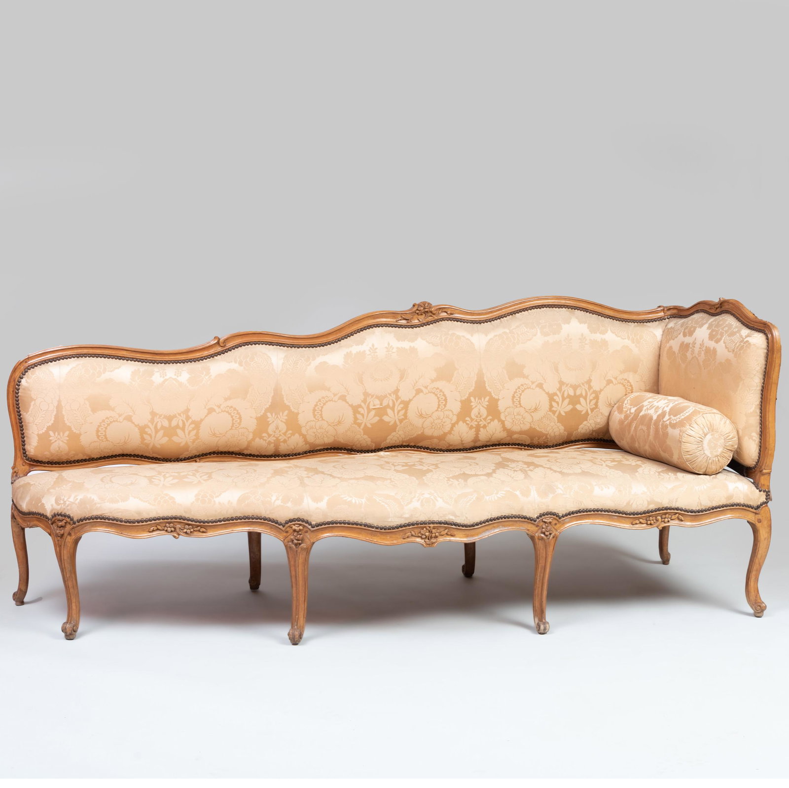 Unusual Louis XV Carved Beechwood Chaise Lounge, Signed: Unusual Louis XV Carved Beechwood Chaise Lounge, Signed L. Mayeux Louis-Francois Mayeux, maitre in 1757. Upholstered in yellow silk damask. 36 in. x 7 ft. x 25 1/2 in. Property from the Collection of