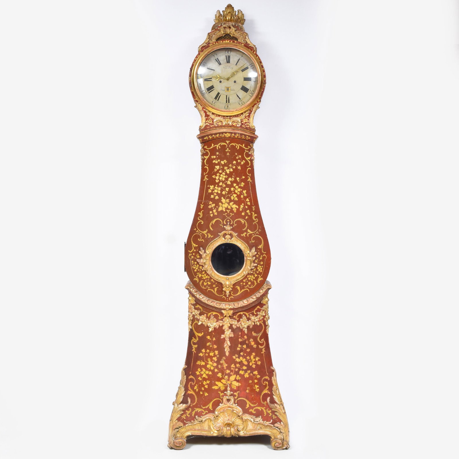 Unusual Swedish Rococo Scarlet Lacquer and Parcel-Gilt: Unusual Swedish Rococo Scarlet Lacquer and Parcel-Gilt Tall Case Clock, Dial Signed Nils Berg, Stockholm 7 ft. 7 in. x 25 x 9 in.