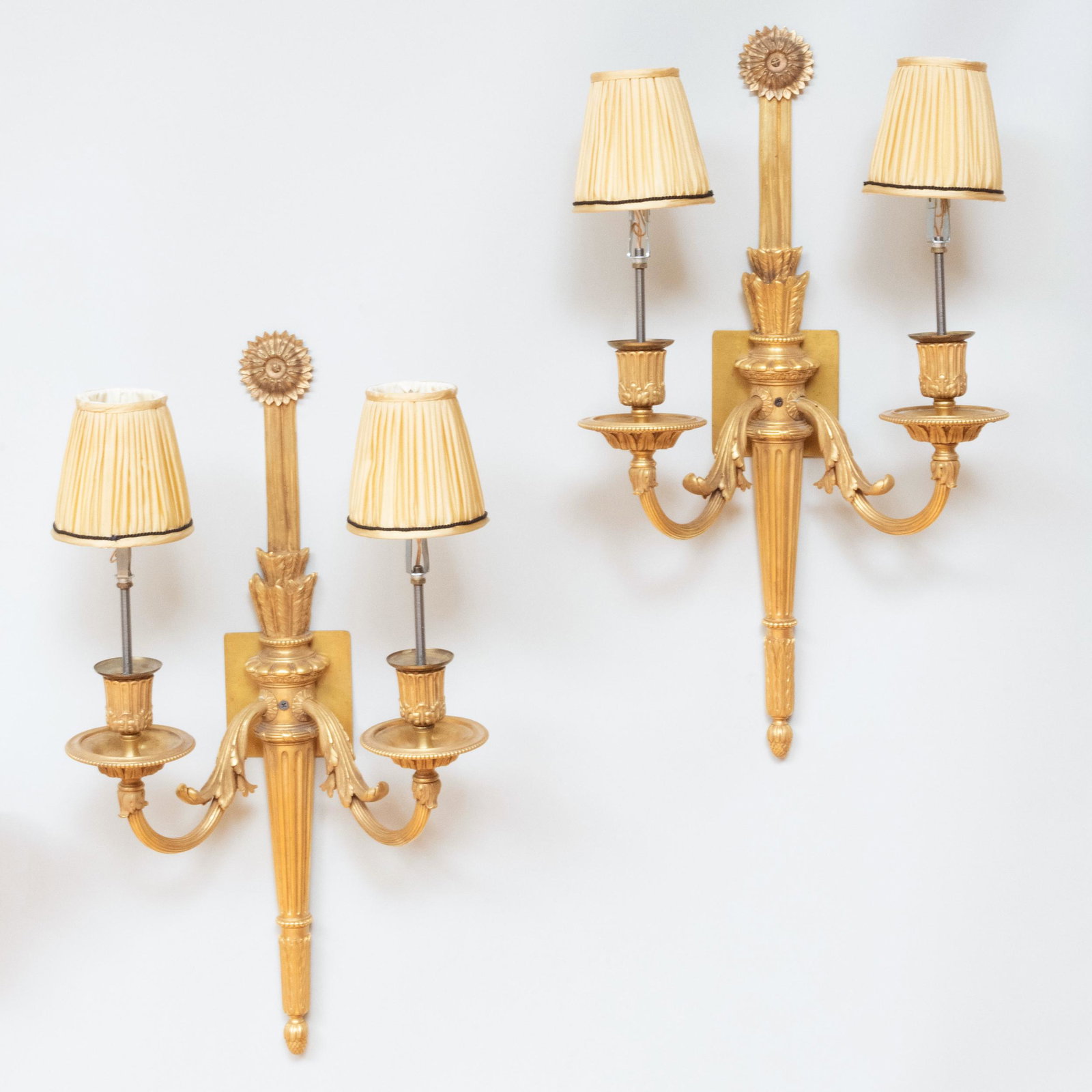 Pair of Louis XVI Style Ormolu Two-Light Sconces: Pair of Louis XVI Style Ormolu Two-Light Sconces 25 x 14 x 7 1/2 in.
