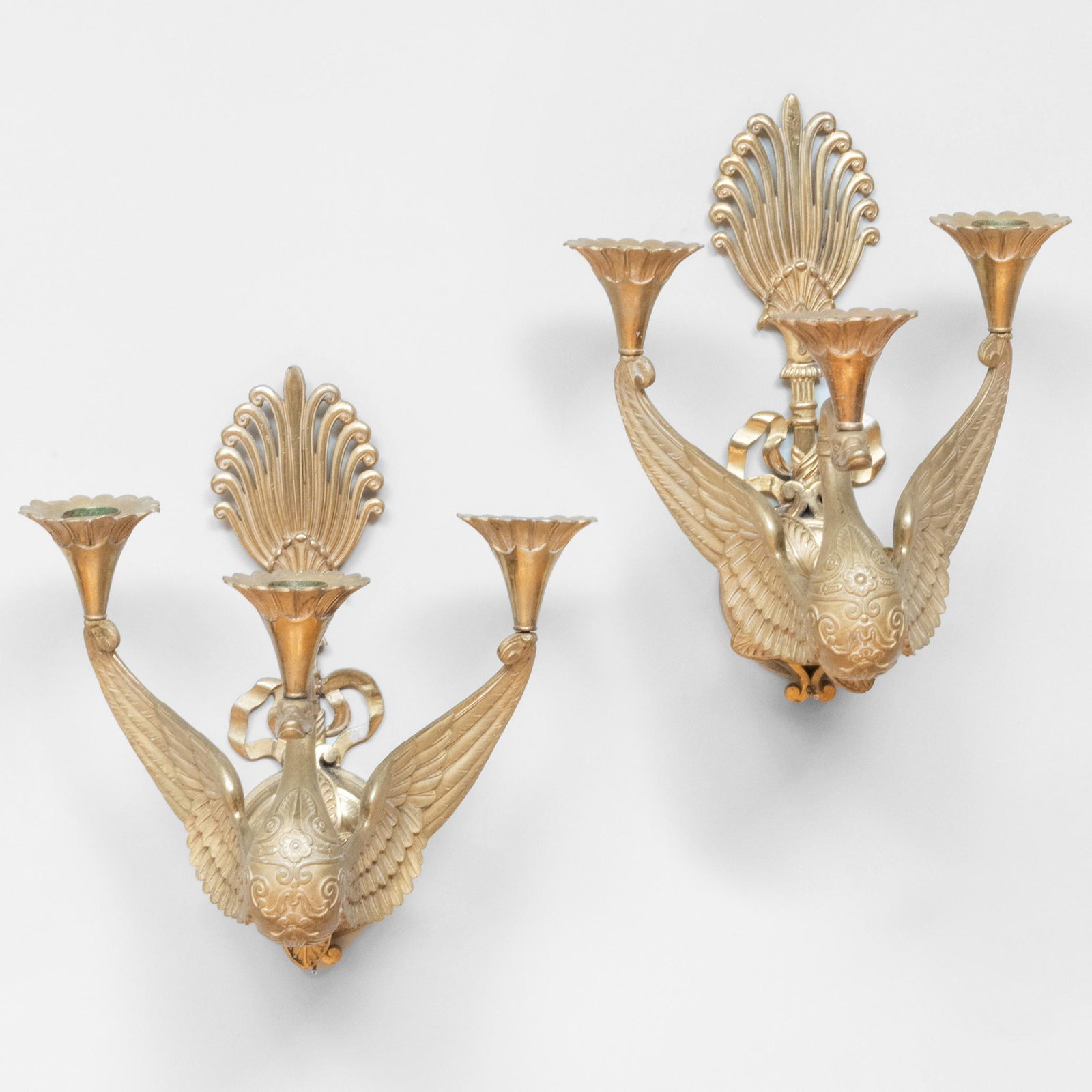 Pair of Empire Style Ormolu Three-Light Sconces: Pair of Empire Style Ormolu Three-Light Sconces 11 1/2 x 9 x 8 1/2 in.