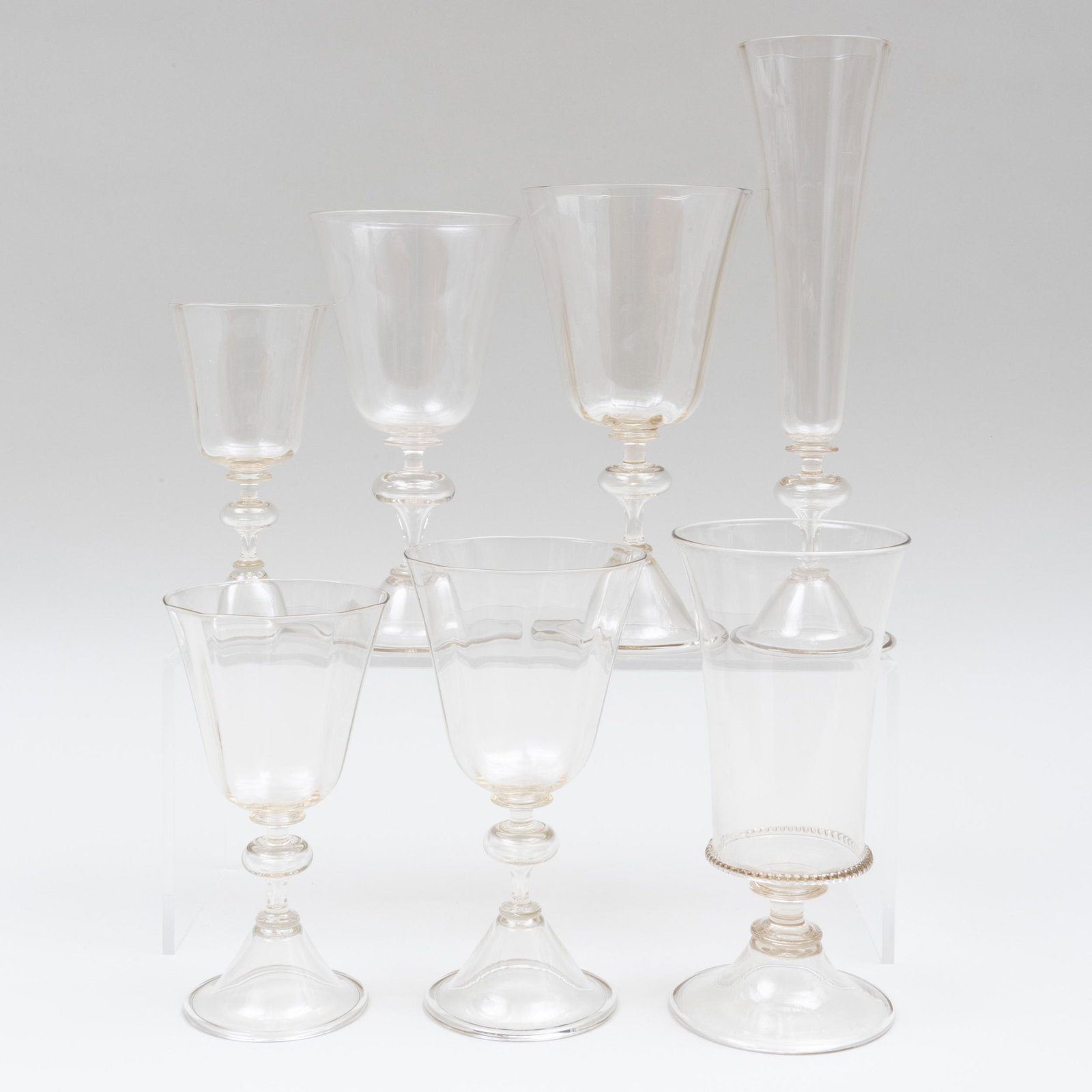 Set of Czech Teruska 'Bollen' Glasses: Set of Czech Teruska 'Bollen' Glasses Signed in etch. Comprising: Six water goblets with applied decoration Twelve small white wine glasses Twenty white wine glasses Twelve red wine glasses Twenty-fou