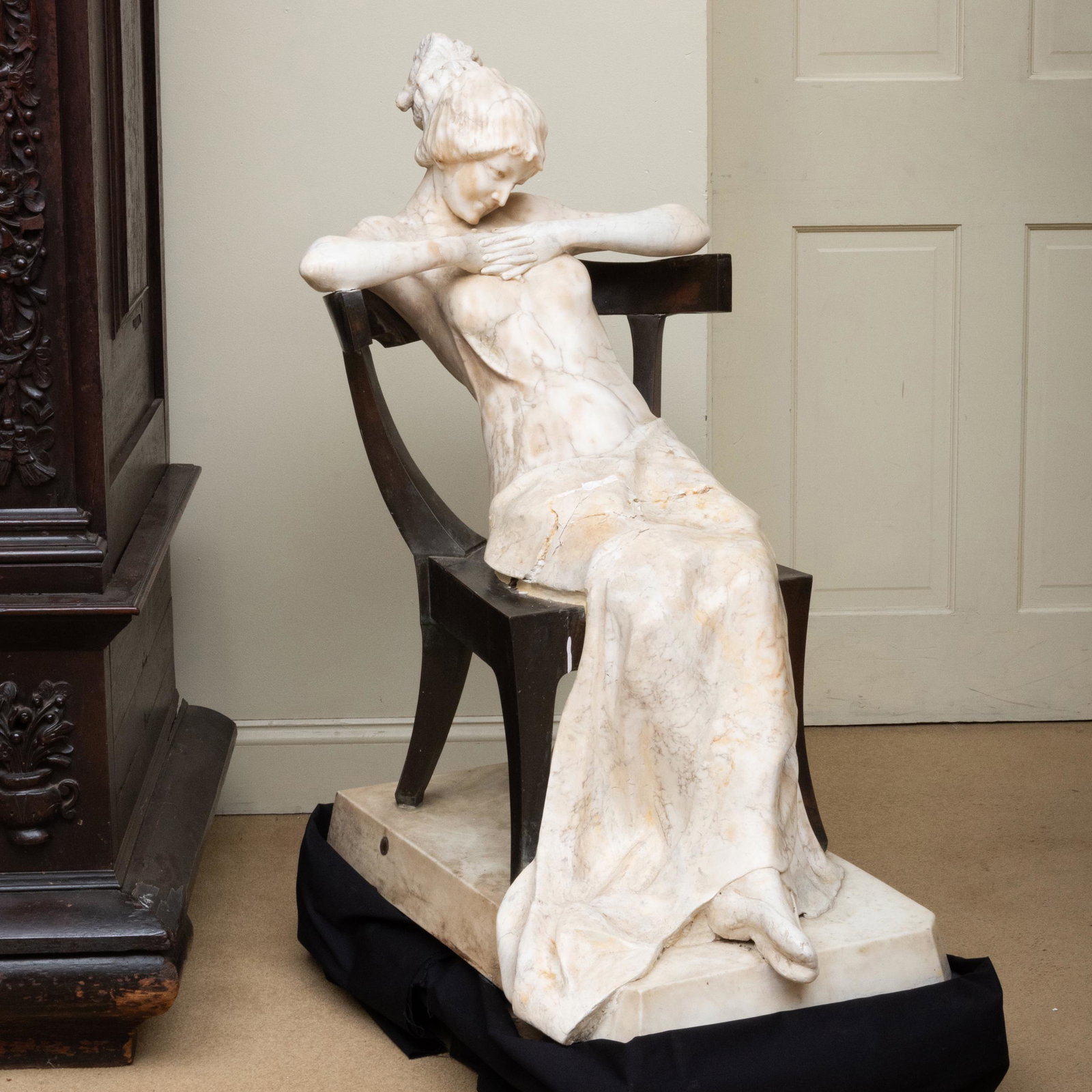 Danti Zoi: Lady in Repose, Seated in a Chair: Danti Zoi: Lady in Repose, Seated in a Chair Marble and bronze, 1914, signed 'D. Zoi', dated and with a foundry mark lower left. 40 1/2 x 36 x 22 in.