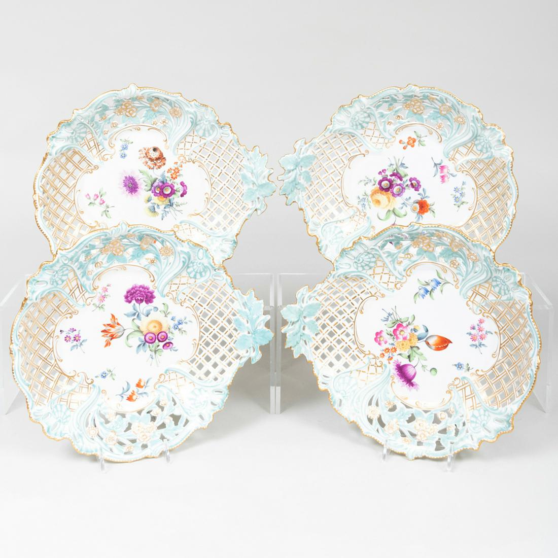 Set of Four Meissen Porcelain Reticulated Dishes: Set of Four Meissen Porcelain Reticulated Dishes Blue crossed sword mark. 10 1/2 x 9 1/2 in.
