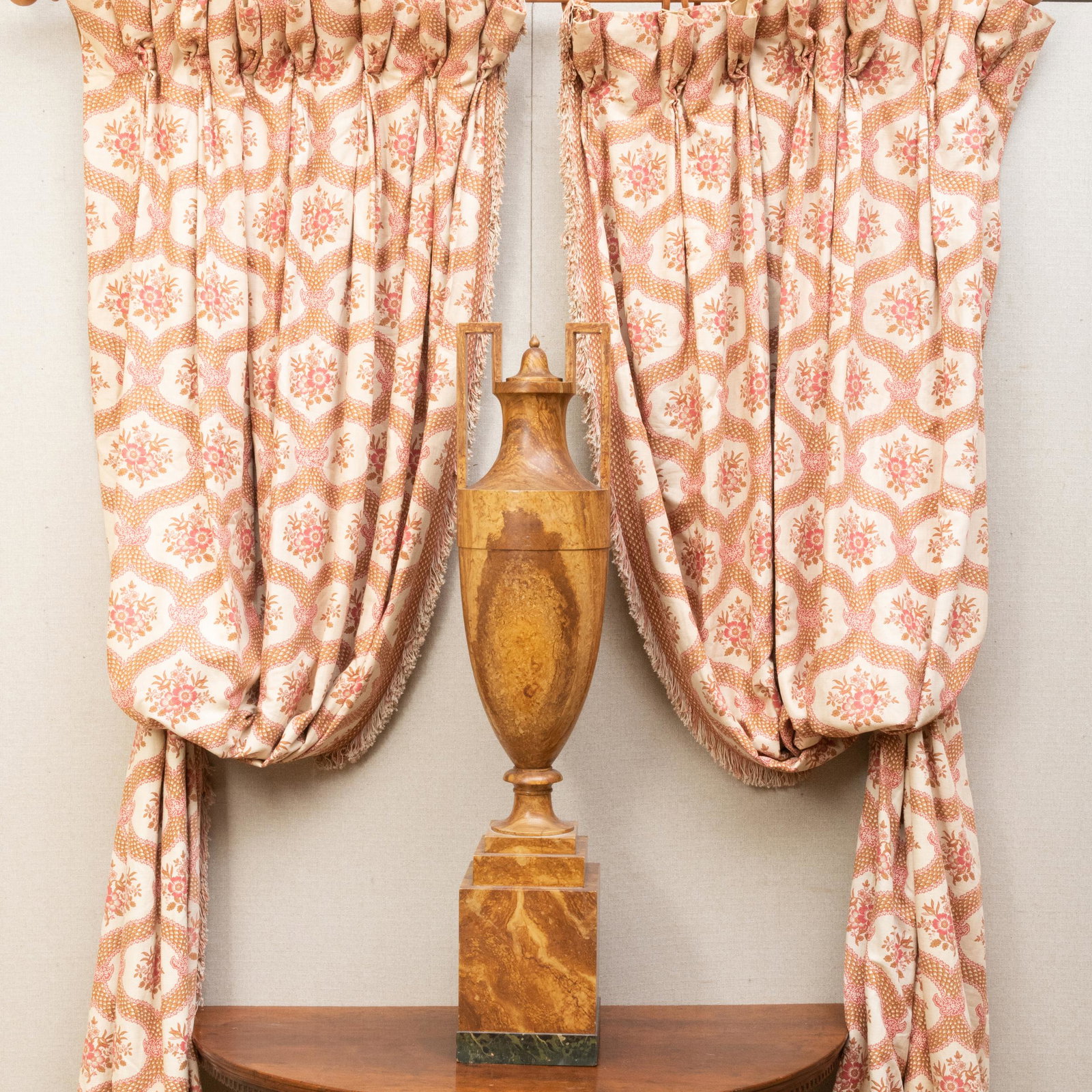 Set of Printed Cream Linen Curtains: Set of Printed Cream Linen Curtains From the Dining Room. Comprising: Four panels Four tassel tie backs Each panel 126 in. long, 40 in. wide (at top), 73 in. wide (at bottom). The Private Collection