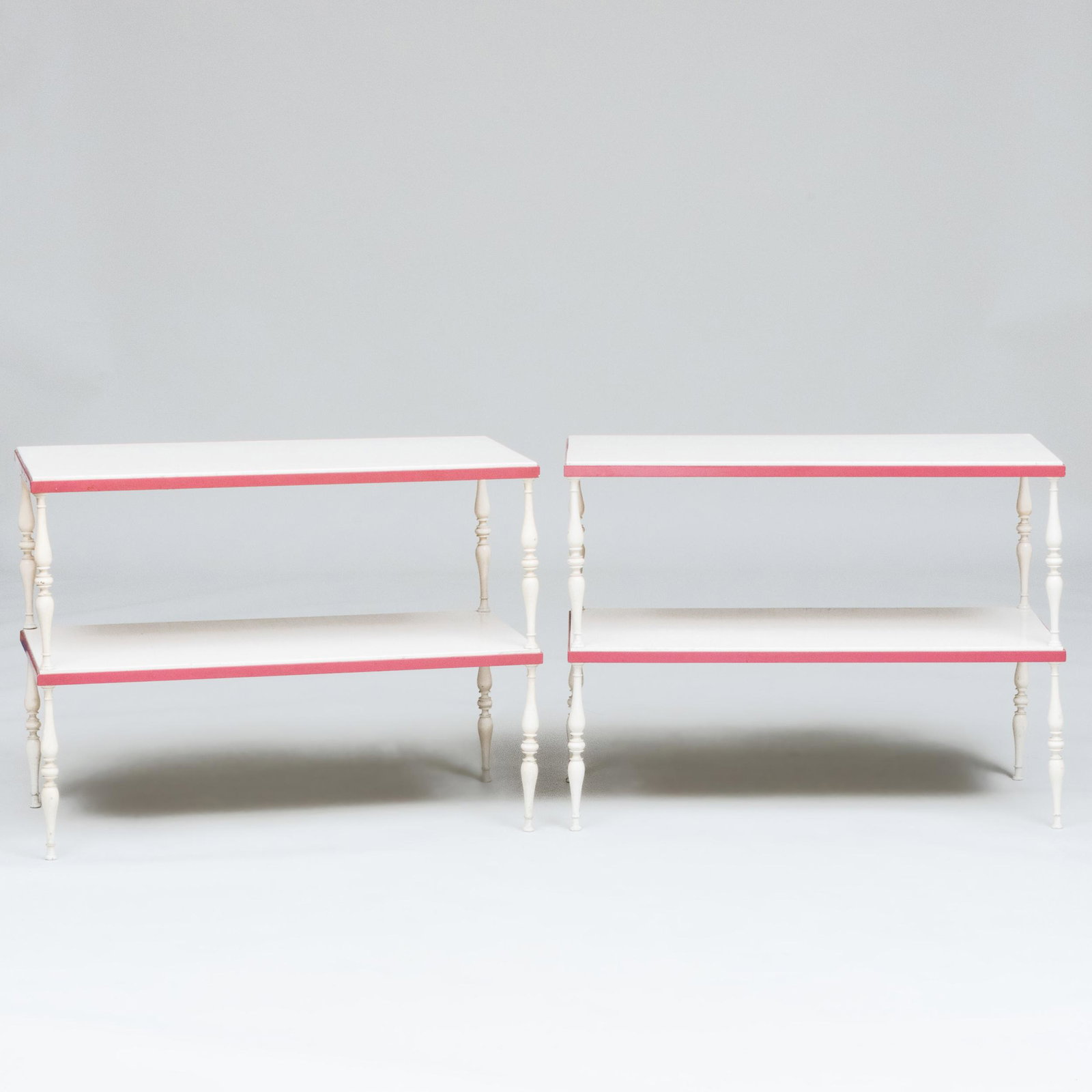 Pair of Modern Painted Metal and Wood Two Tier Tables: Pair of Modern Painted Metal and Wood Two Tier Tables 24 x 32 x 16 in. The Private Collection of Jayne Wrightsman