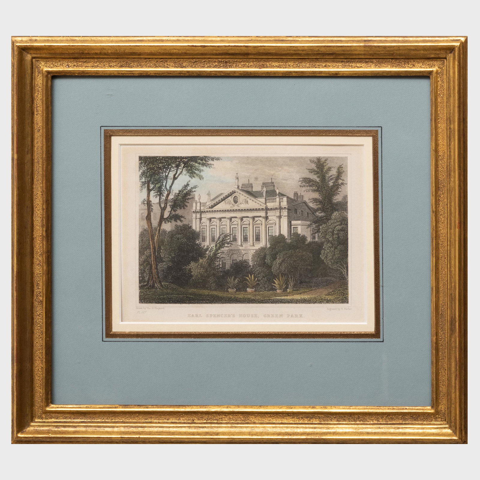 After Thomas H. Shepherd (1793-1864) Earl Spencer's: After Thomas H. Shepherd (1793-1864) Earl Spencer's House, Green Park Engraving in black with hand-coloring on wove paper. 5 1/4 x 8 1/4 in. (sheet), 11 x 12 1/2 in. (frame). The Private Collection of