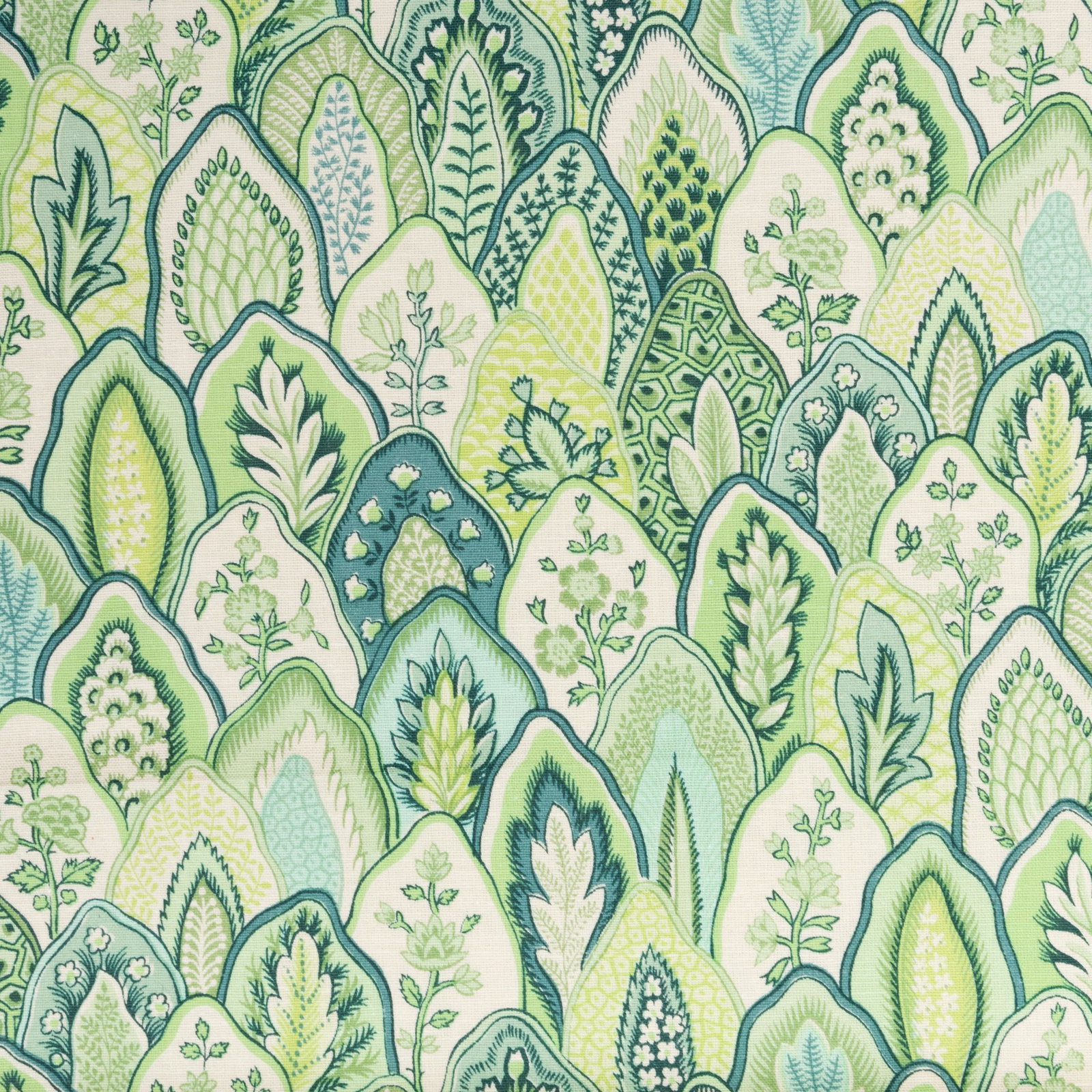 Group of Six Bolts of Fabric: Group of Six Bolts of Fabric Comprising: A patterned green fabric from the 'Second Bedroom', approx. 50 in. wide, 5 yards long. A green linen fabric, approx. 48 in. wide, 2 yards long. A green moire t