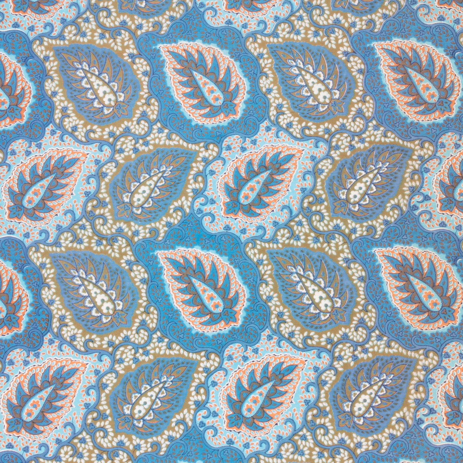 Group of Four Bolts of Fabric: Group of Four Bolts of Fabric Comprising: A blue and green patterned fabric, approx. 44 in. wide, 30 yards long. A blue and cream patterned fabric, approx. 48 in. wide, 1 yard long. A brown and cream 