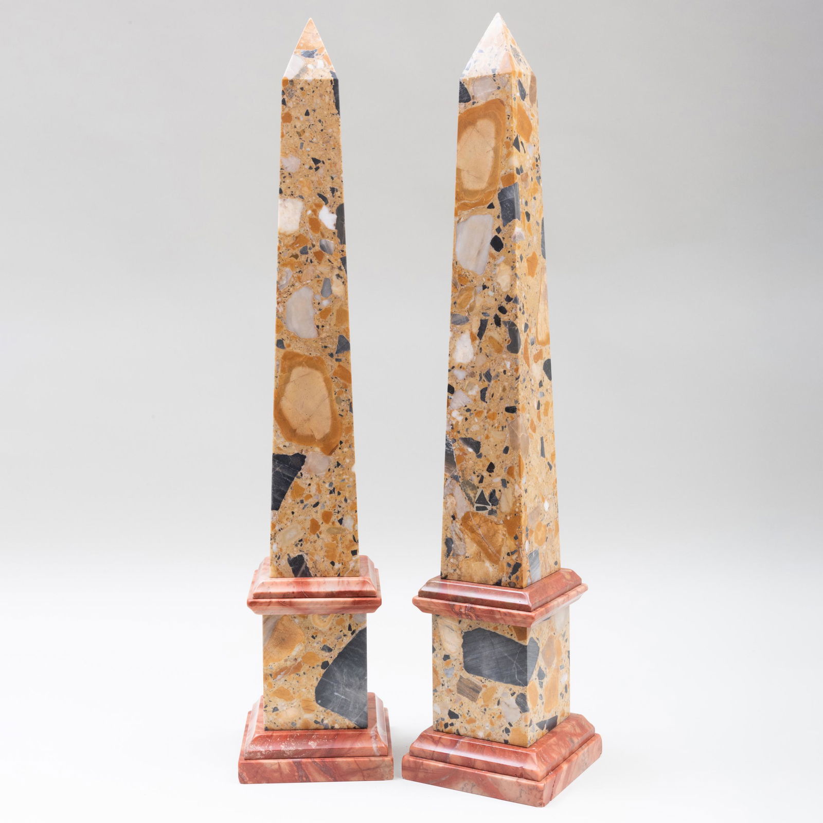 Pair of Breccia Marble Obelisks: Pair of Breccia Marble Obelisks 28 x 5 1/2 x 5 1/2 in. Gracious Living: The Collection From a Home Designed by Kevin McNamara, East Hampton, NY