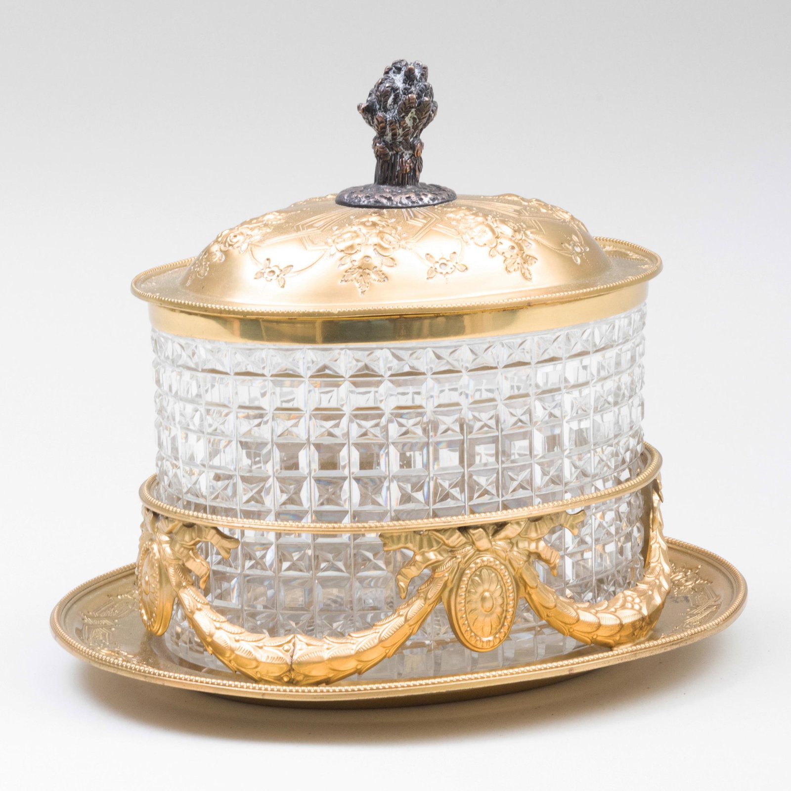 Continental Cut Glass and Gilt-Metal Biscuit Box and: Continental Cut Glass and Gilt-Metal Biscuit Box and Stand 7 x 8 1/2 x 7 in. Gracious Living: The Collection From a Home Designed by Kevin McNamara, East Hampton, NY