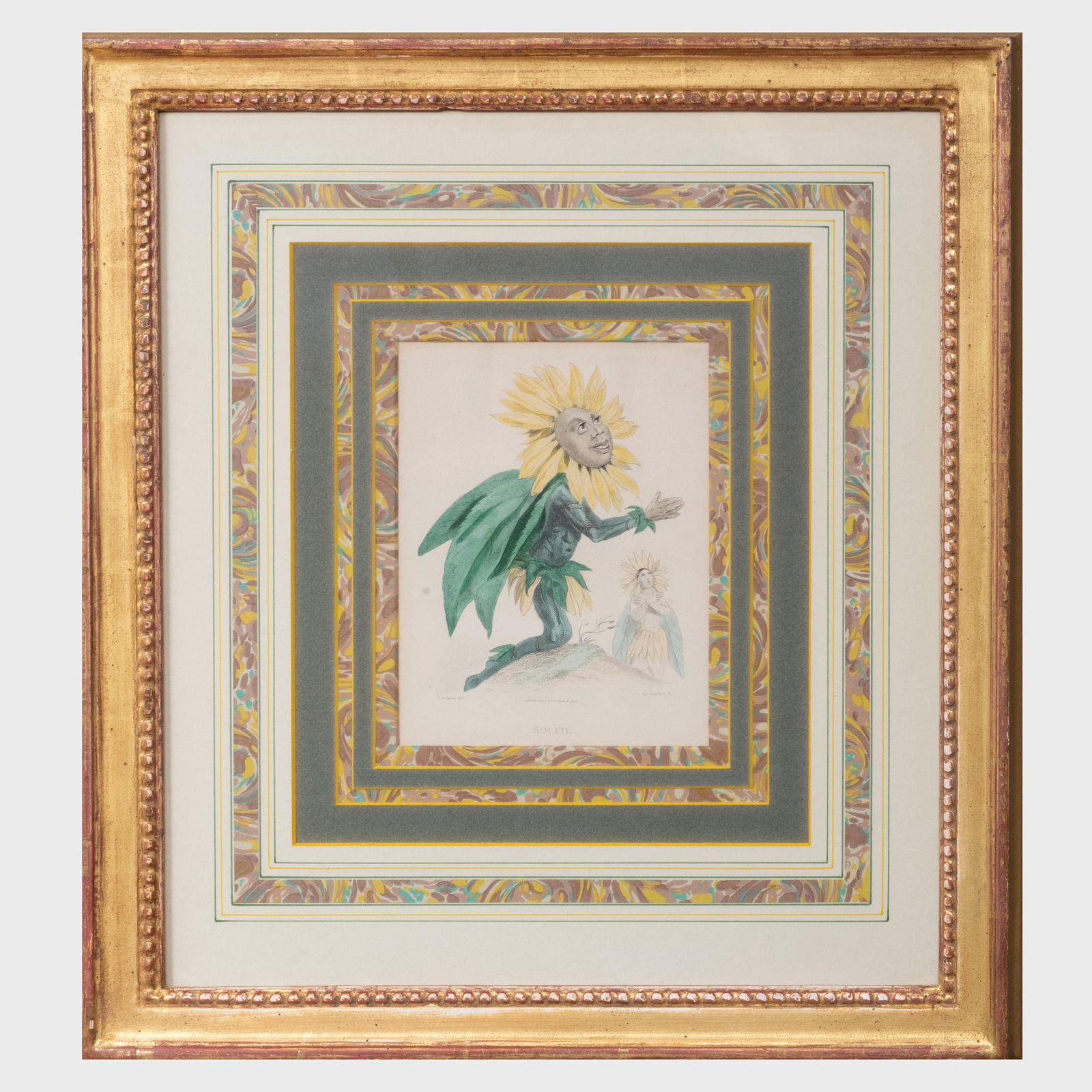 Jean Ignace Isidore Gérard (1803-1847): Soleil: Jean Ignace Isidore Gérard (1803-1847): Soleil Engraving in black with hand-coloring on wove paper. 8 1/4 x 6 in. (sight), 21 x 18 1/2 in. (frame). Gracious Living: The Collection From a Home Designe