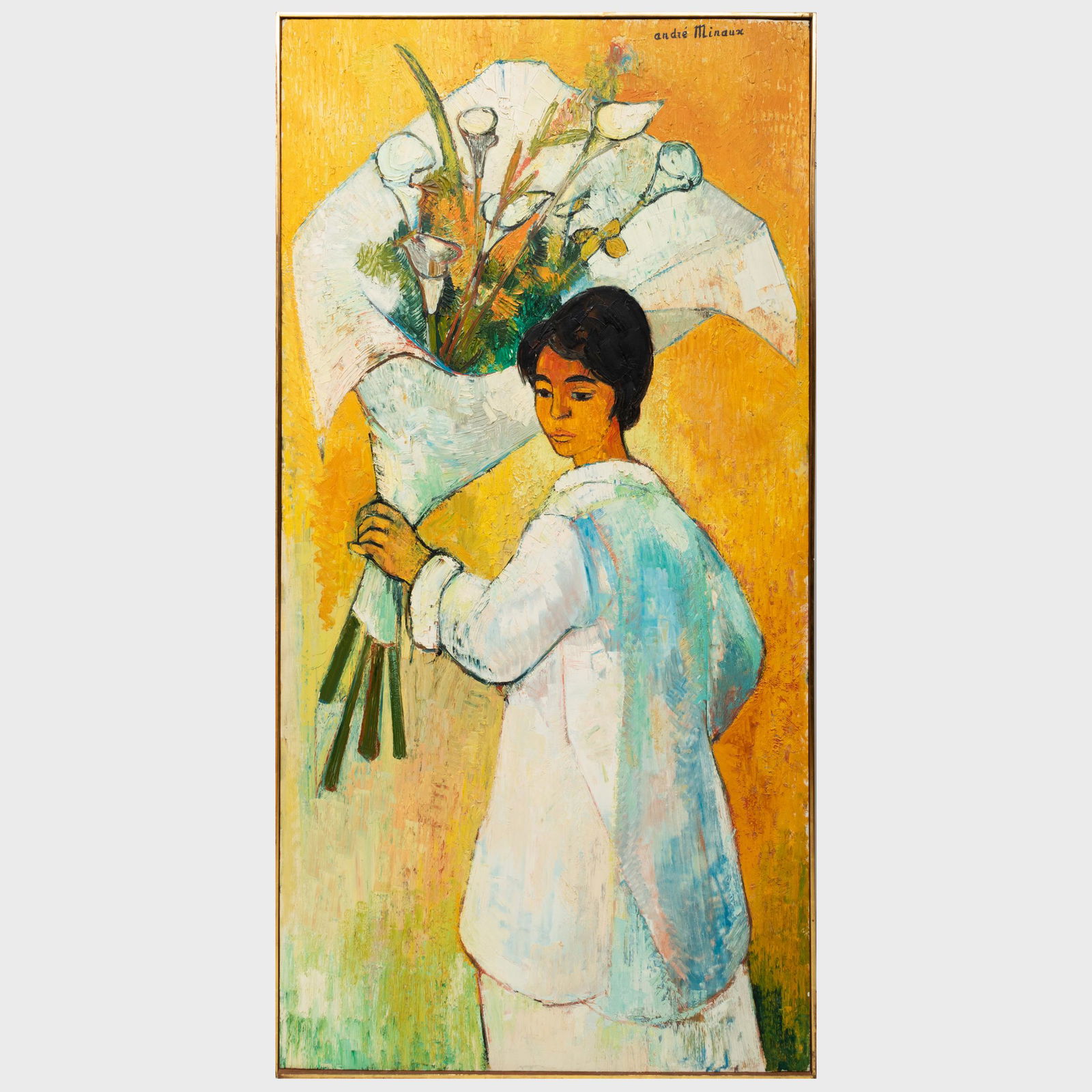 André Minaux (1923-1986): Woman with Calla Lillies: André Minaux (1923-1986): Woman with Calla Lillies Oil on canvas, signed 'andré Minaux' upper right. 75 1/2 x 44 1/2 in., 77 x 46 in. (frame). Property from the Collection of Ezra & Cecile Zilkha