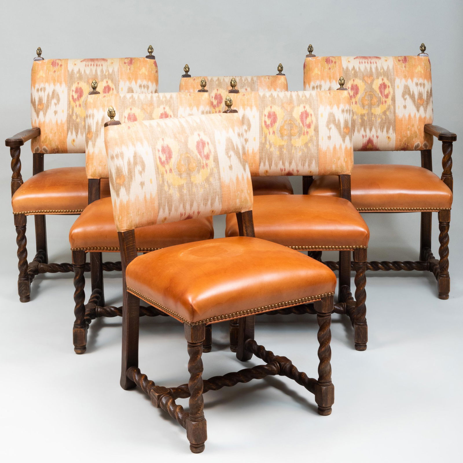 Set of Six Baroque Style Oak Upholstered Dining Chairs (1 of 8)