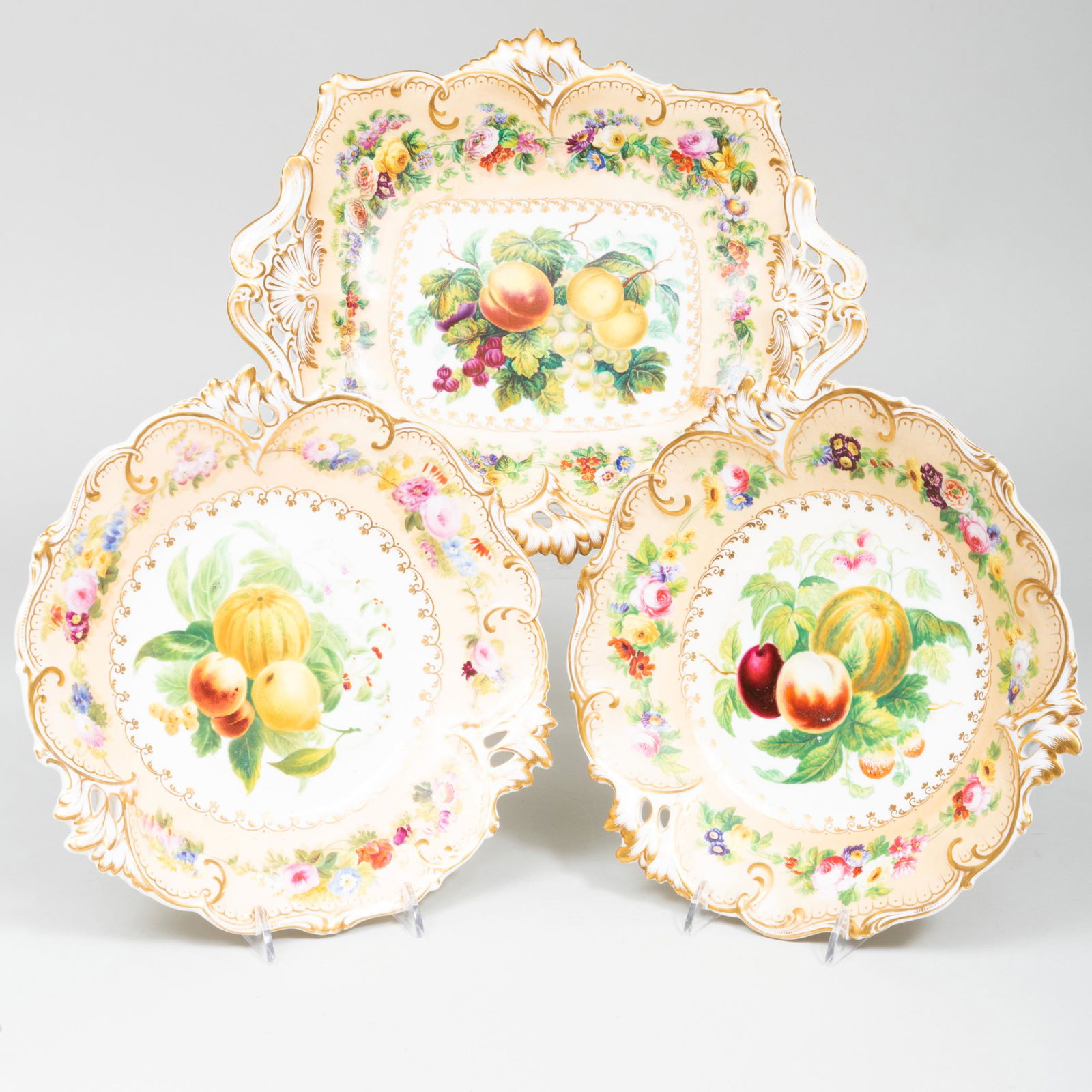 Three English Cream Ground Porcelain Compotes Decorated (1 of 2)