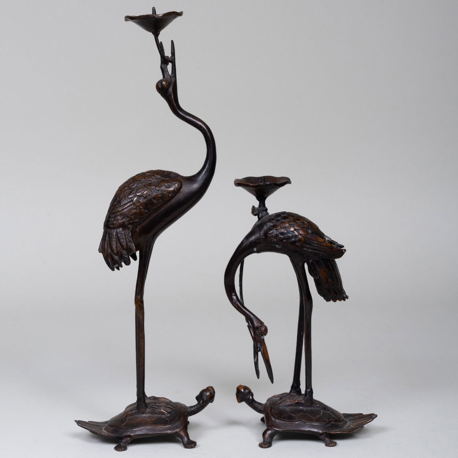Pair of Japanese Bronze Crane and Turtle Form Pricket (1 of 6)