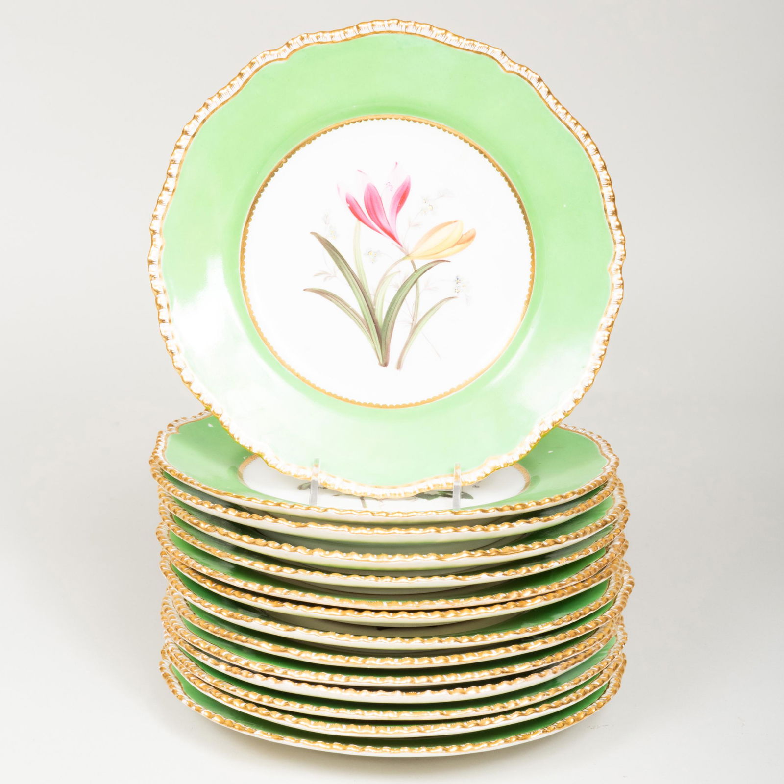 Set of Fourteen English Green Ground Porcelain Dessert (1 of 15)