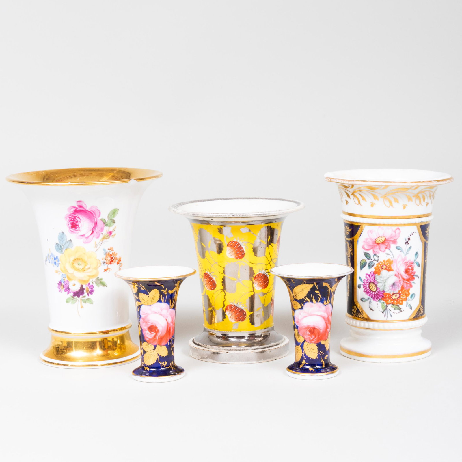Group of English Porcelain Spill Vases: Group of English Porcelain Spill Vases Comprising: A cobalt ground spill vase A pair of miniature cobalt spill vases A luster and yellow ground spill vase Together with: A Meissen gilt-ground spill va