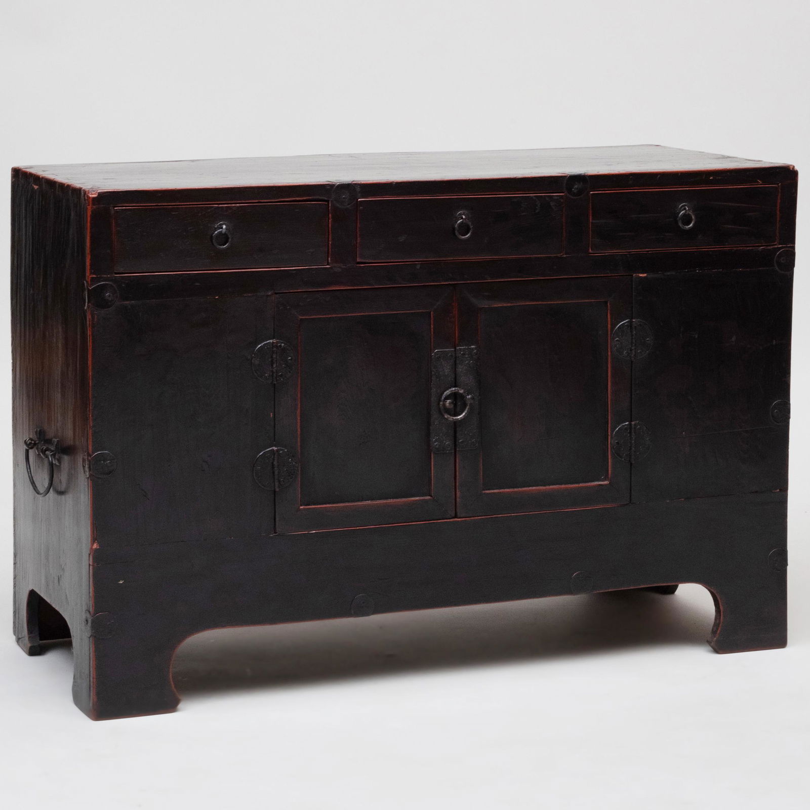 Korean Metal-Mounted Ebonized Low Chest with Red Trim (1 of 8)