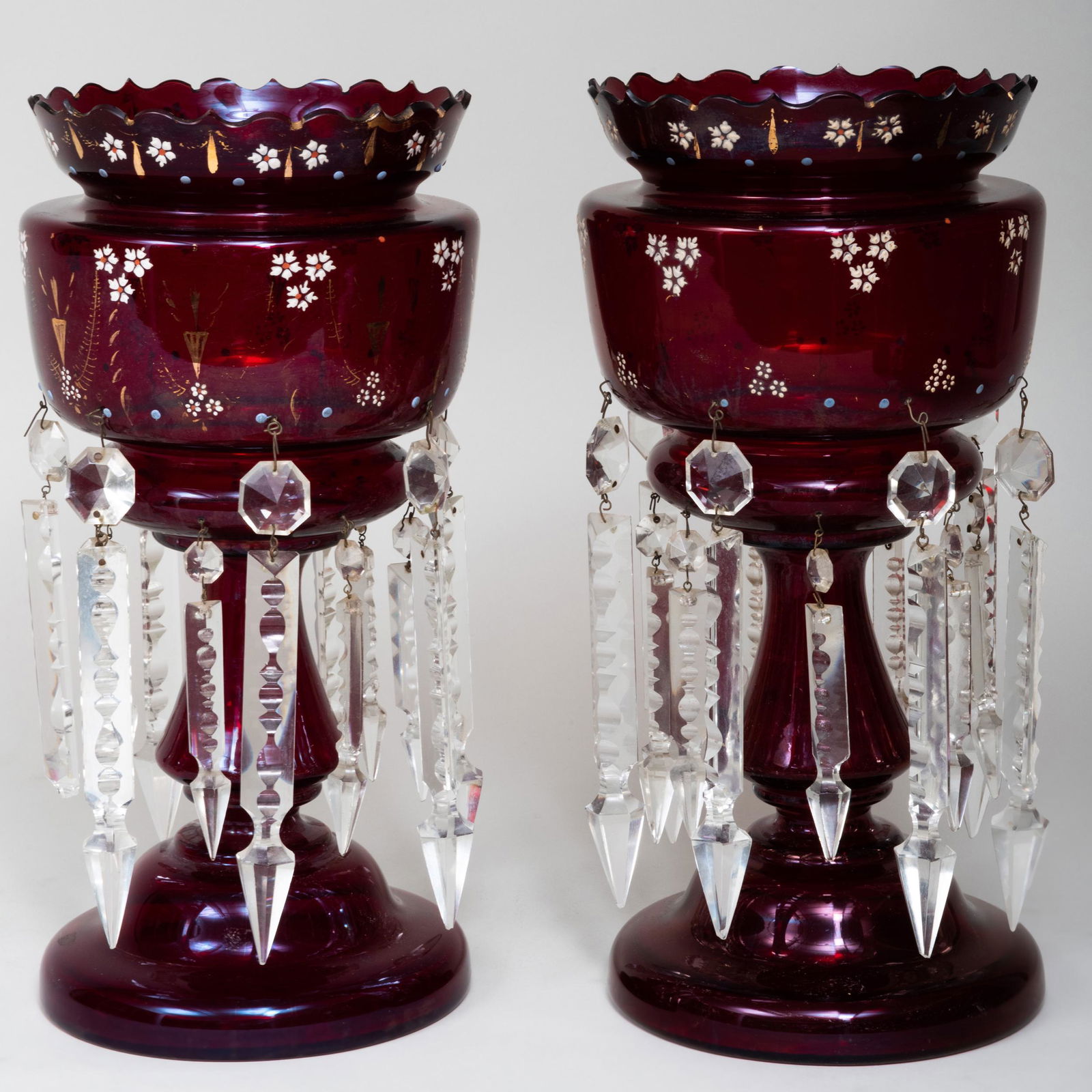 Pair of Victorian Enameled Ruby Glass Lusters (1 of 9)