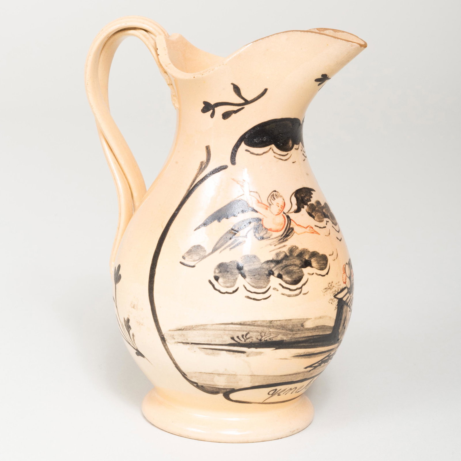 Chinese Export Buff Ground Porcelain Biblical 'Binding: Chinese Export Buff Ground Porcelain Biblical 'Binding of Isaac' Cream Jug Inscribed 'Genesis: 22' 5 1/2 in. high