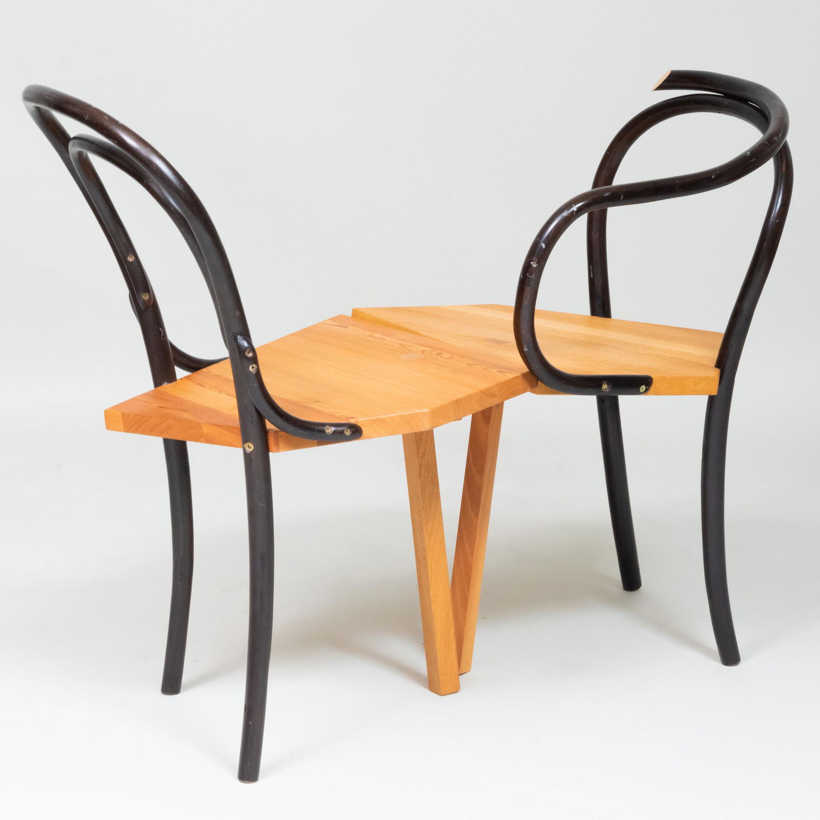 Two Martino Gamper Ebonized Wood 'Seating and Sitting': Two Martino Gamper Ebonized Wood 'Seating and Sitting' Chairs Signed, 2008, numbered 1/5. The first 33 x 19 x 19 in., the second 30 x 18 1/2 x 19 in.