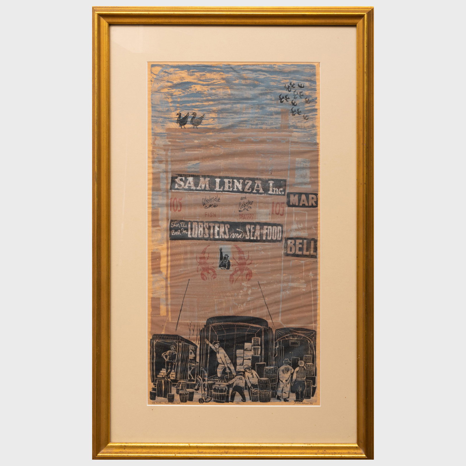 Antonio Frasconi (1919-2013): Fulton Fish Market III: Antonio Frasconi (1919-2013): Fulton Fish Market III Woodcut in colors on beige tissue-thin Japan, 1952, signed, titled and dated in pencil, with label from E. Weyhe, NY. 23 x 13 1/4 in. (sheet), 31 1